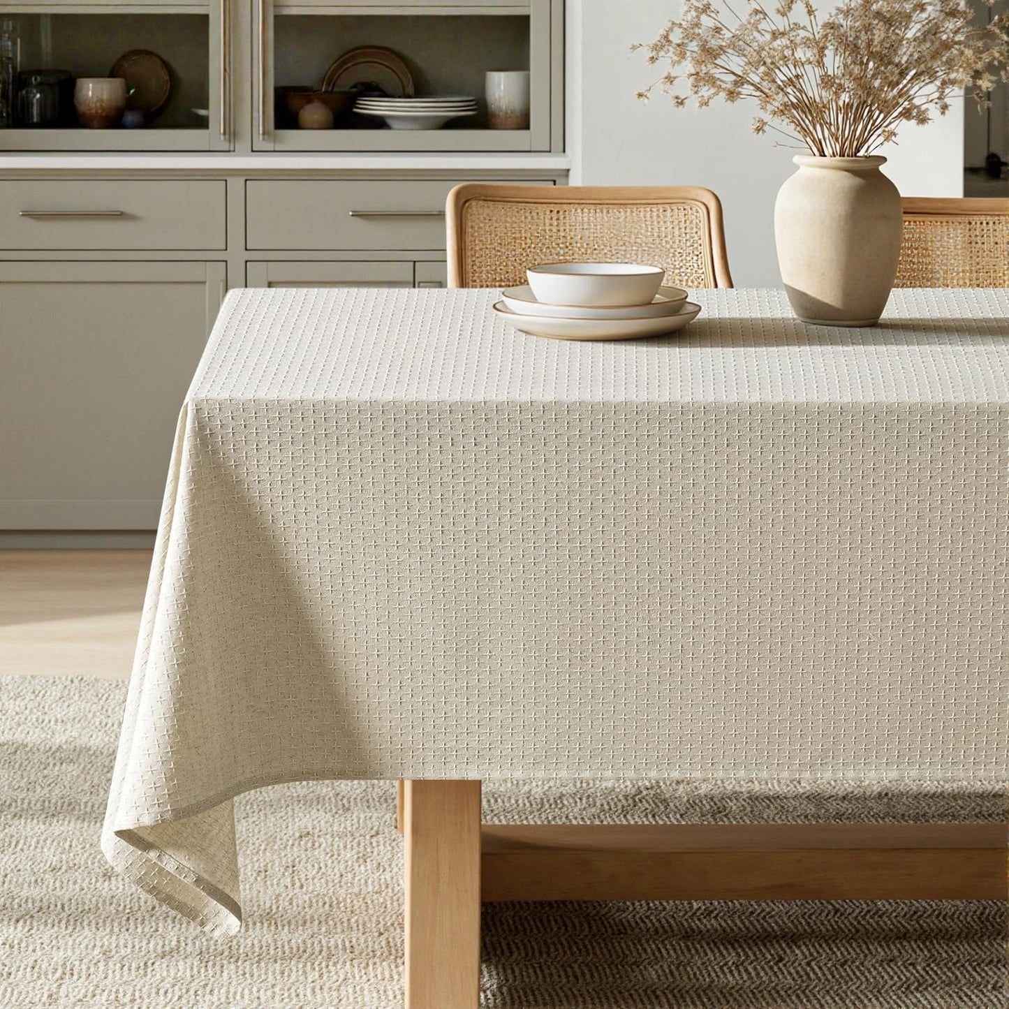 MIULEE Natural Beige Linen Cotton Table Cloth Rectangle Tablecloth Spring Waterproof Spillproof Cross-Star Textured Table Cloth Decorative Farmhouse Style for Dining Party Weddings 52x70 Inch