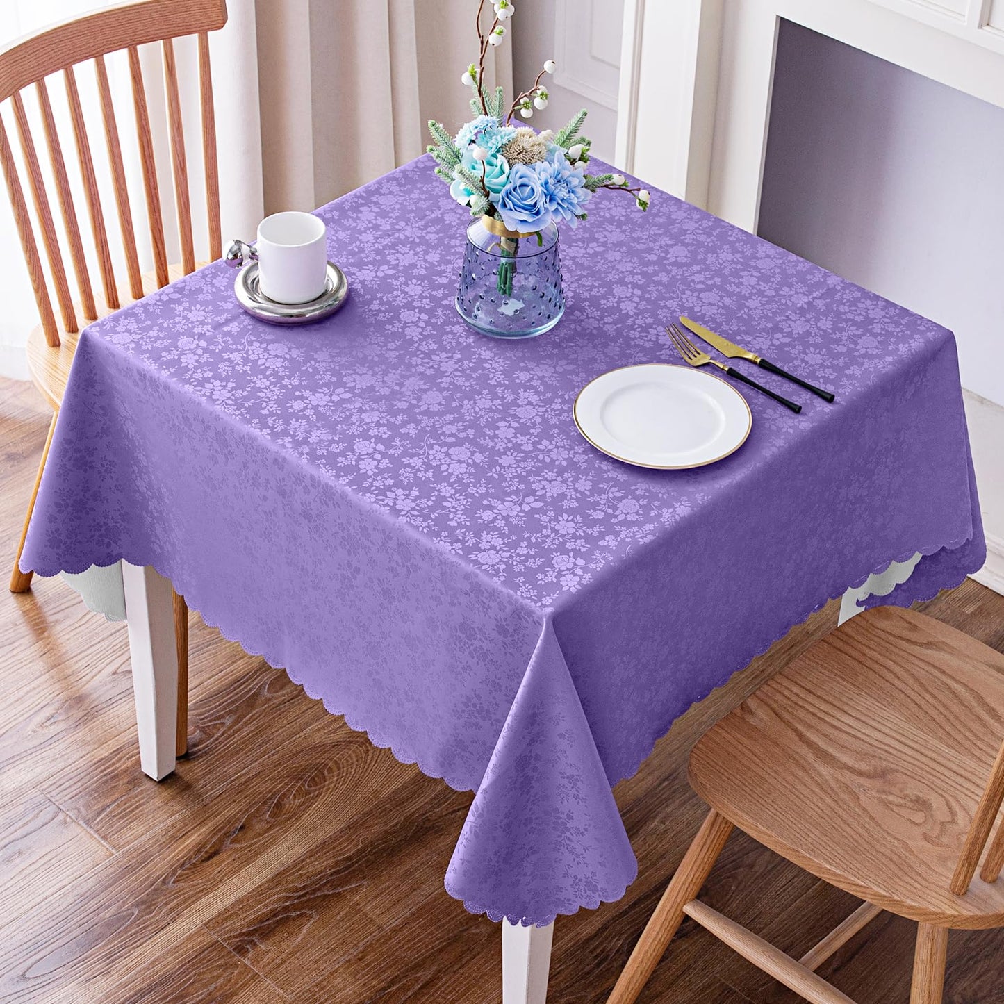 Smiry Rectangle Waterproof Heavy Duty Vinyl Tablecloths, 60 x 84 Inch | Wipeable Washable Floral Embossed Table Cover for Kitchen and Dining Room, Indoor & Outdoor Use, Beige
