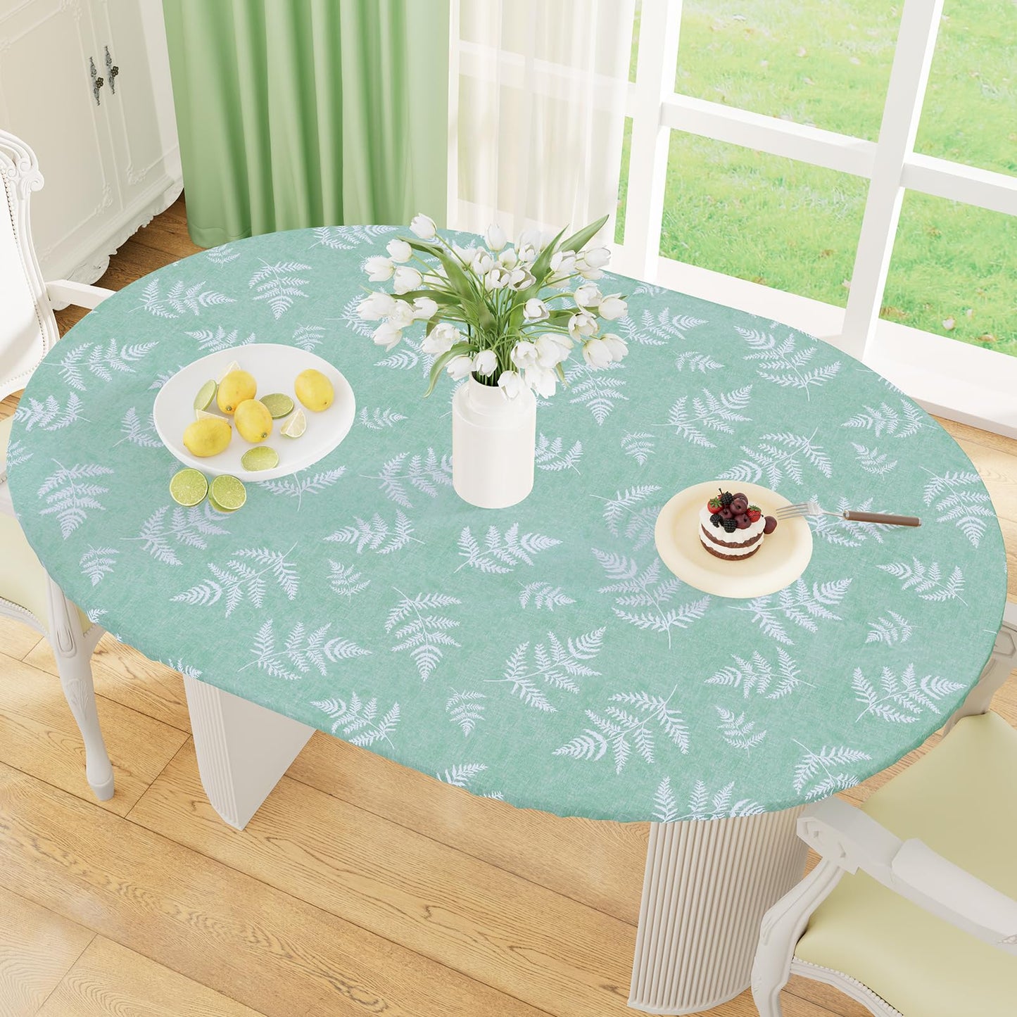 Round Fitted Tablecloth with Elastic Edge, 100% Waterproof Oil Proof Plastic Table Cover, Vinyl Flannel Backed Tablecloth Fits 36"-44" Round Tables for Dinner, Outdoor, Picnic, Oak Wooden Grain