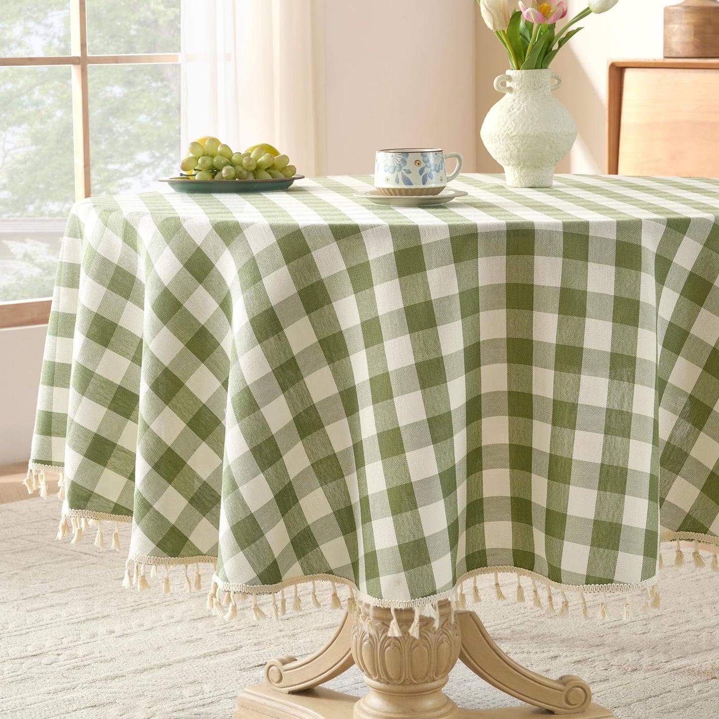Softalker Outdoor Checkered Tablecloth, Linen Cotton Gingham Table Cloths for 6 Foot Rectangle Tables with Tassel, Heavy Duty Wrinkle Free Plaid Table Cover for Picnic Camping - 55 x 84 Inch, Sage