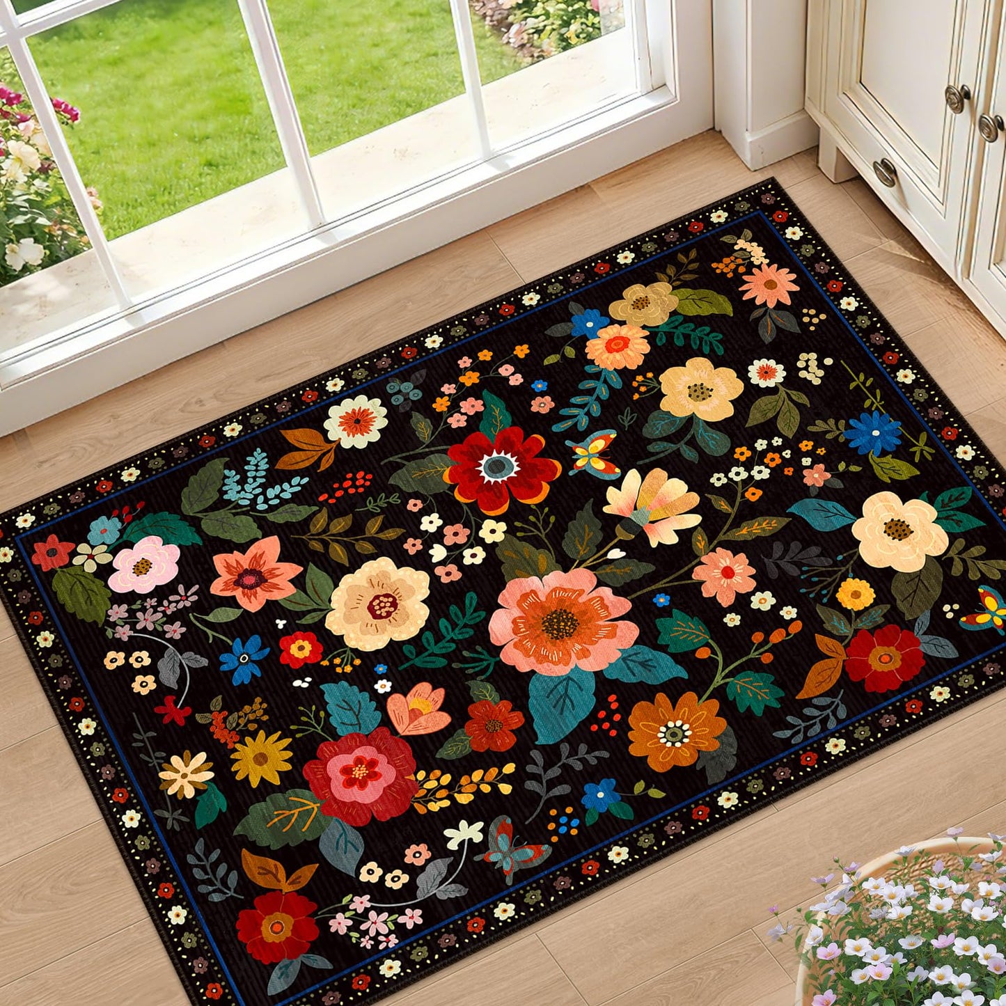 RELEANY Floral Washable 5x7 Area Rugs Black | Flower Carpet, Print, Boho, Non-Slip, Easy to Clean, Soft, Low Pile for Living Room Bedroom Kitchen Office Entryway Hallway