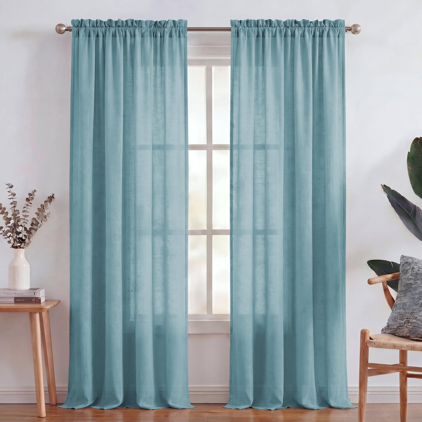 Turquoize White Linen Curtains 96 Inches Long Semi Sheer Curtains Light Filtering Linen Drapes for Living Room/Bedroom 2 Panels Set Rod Pocket Window Treatments Panels,W52 x L96, White