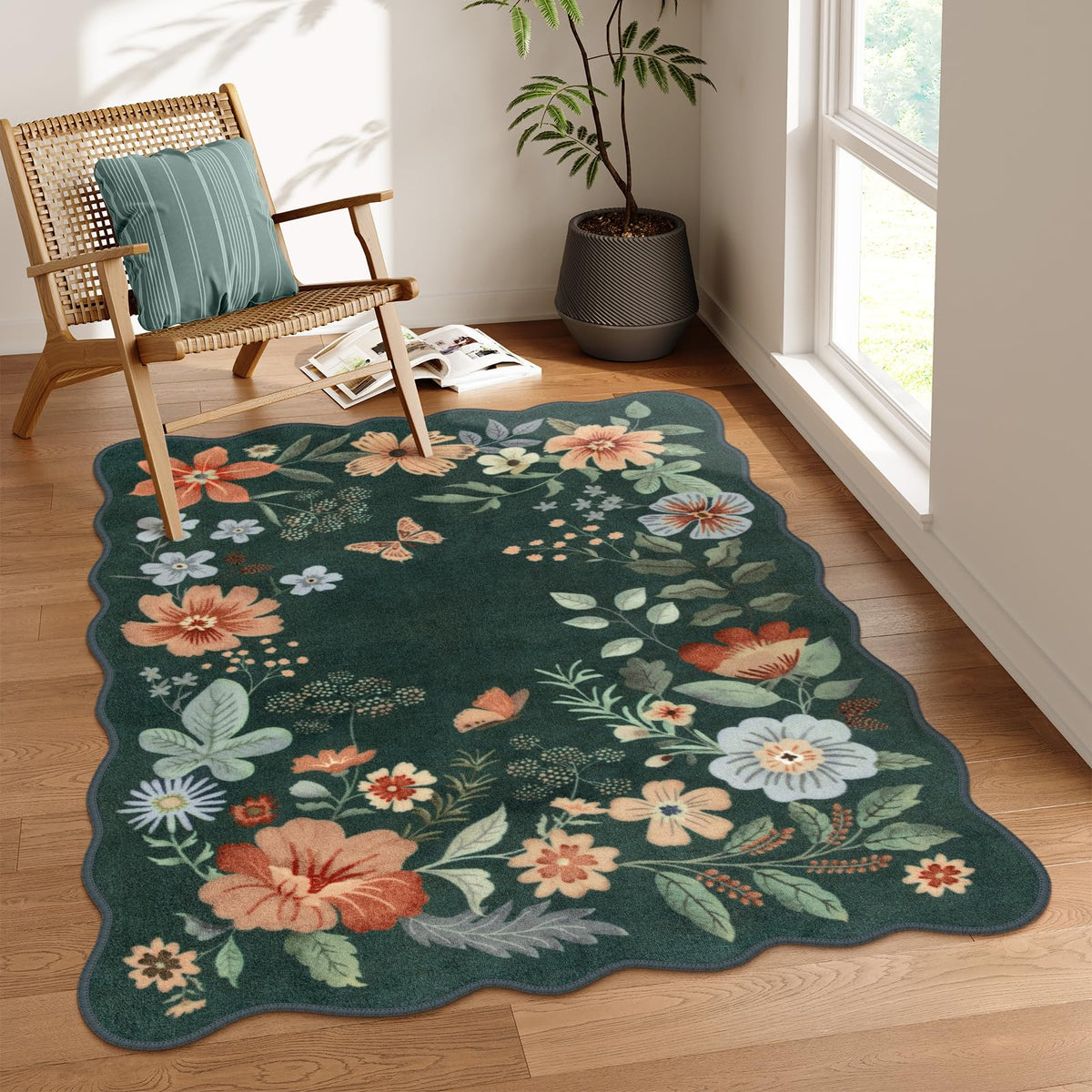 Lahome Floral Washable Living Room Rug, 5x7 Area Rugs for Bedroom Soft | Dining Room Rug Ultra-Thin Non Slip Stain Resistant Boho Low-Pile Throw Carpet for Office Flore (5x7ft, Beige)