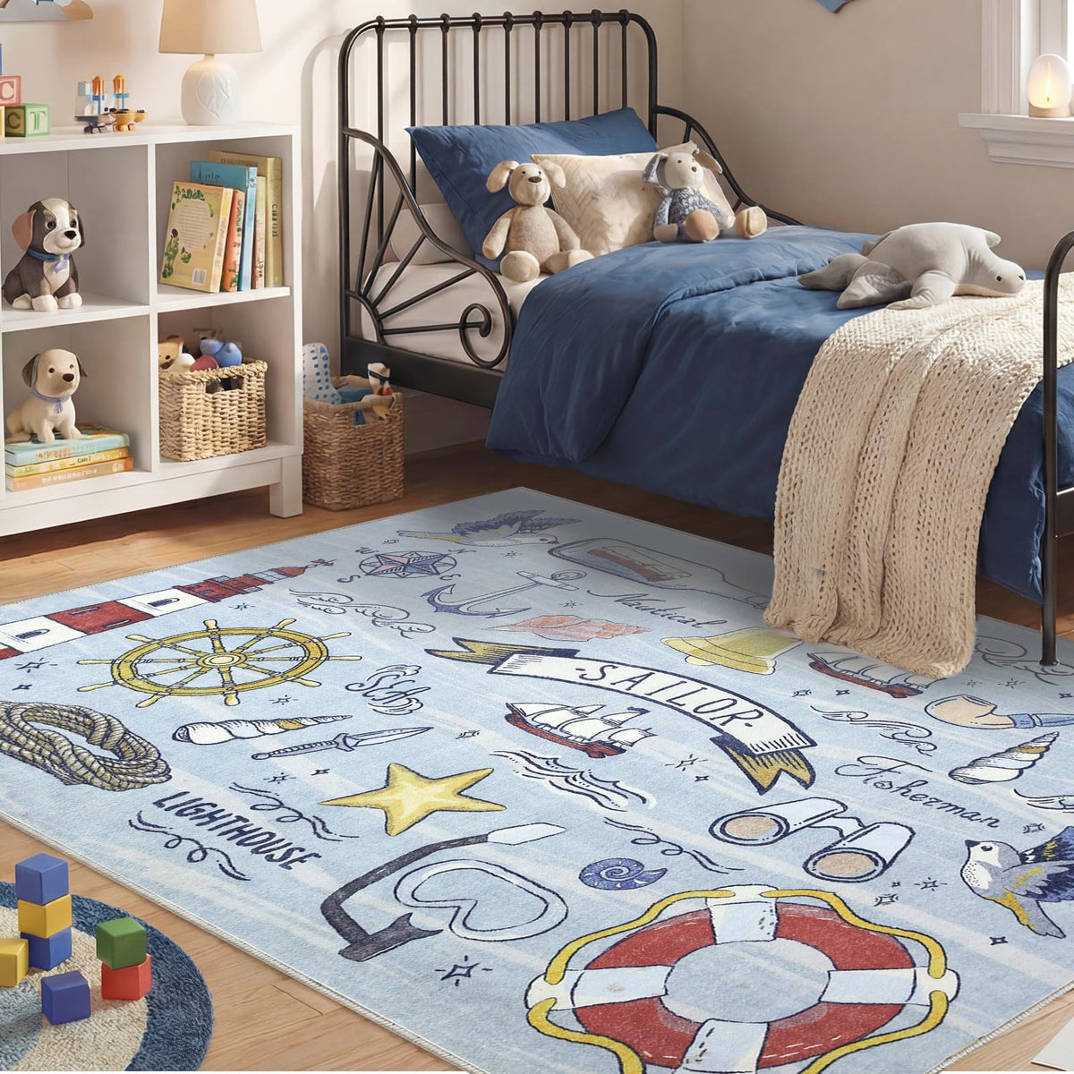 OPPODREAM Soft Area Rugs 5x7, Persian-Inspired Washable Rug, Blue & Gold | Low-Pile Faux Cashmere Surface, TPR Non-Slip Backing, 5 x 7 Carpet for Bedroom, Office, Dorm, Dining Room