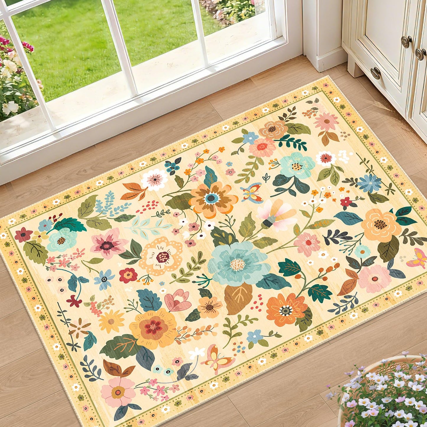 RELEANY Floral Washable 5x7 Area Rugs Black | Flower Carpet, Print, Boho, Non-Slip, Easy to Clean, Soft, Low Pile for Living Room Bedroom Kitchen Office Entryway Hallway