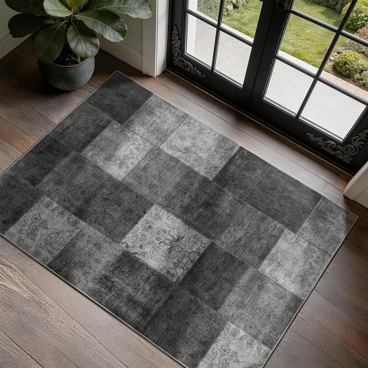 LIANLAM 8x10 Washable Area Rugs for Living Room & Bedroom(8x10,Black&Gray) | Non-Slip Large Carpet,Vintage Checkered Pattern, Stain Resistant Faux Wool Low Pile Soft Rug for Dining Room,Office,Nursery