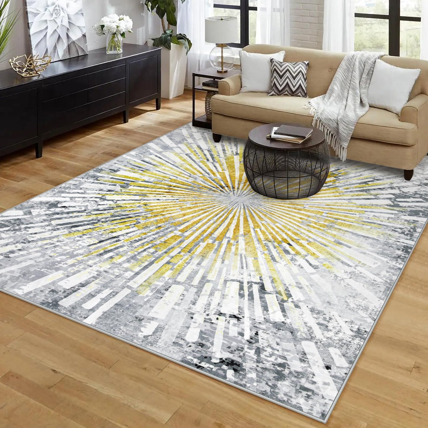 Lahome Manon Black 8x10 Rugs for Living Room, Modern Area Rugs Low Pile Soft Bedroom Rug, Washable Abstract Dining Room Rug Large Floor Carpet for Kids Playroom Nursery