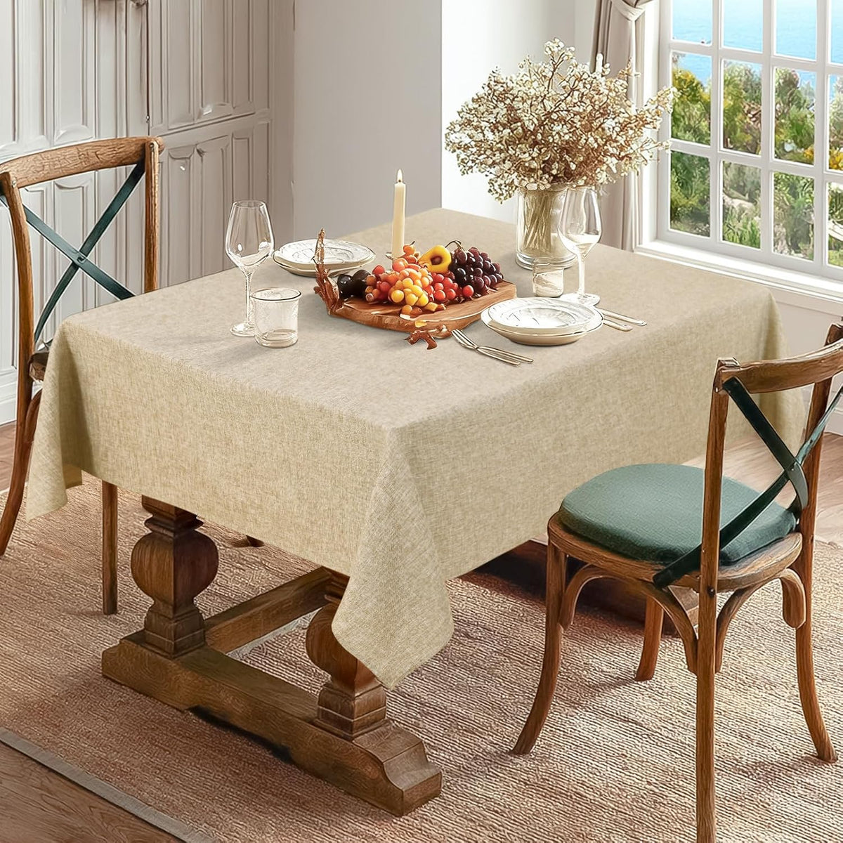 JIUZHEN Rectangle Table Cloth Faux Linen Farmhouse Tablecloth, Wrinkle and Stain Resistant Decorative Fabric Rectangular Spring Table Cover for Dining/Party/Birthday/Wedding, Beige, 54 x 80 Inch