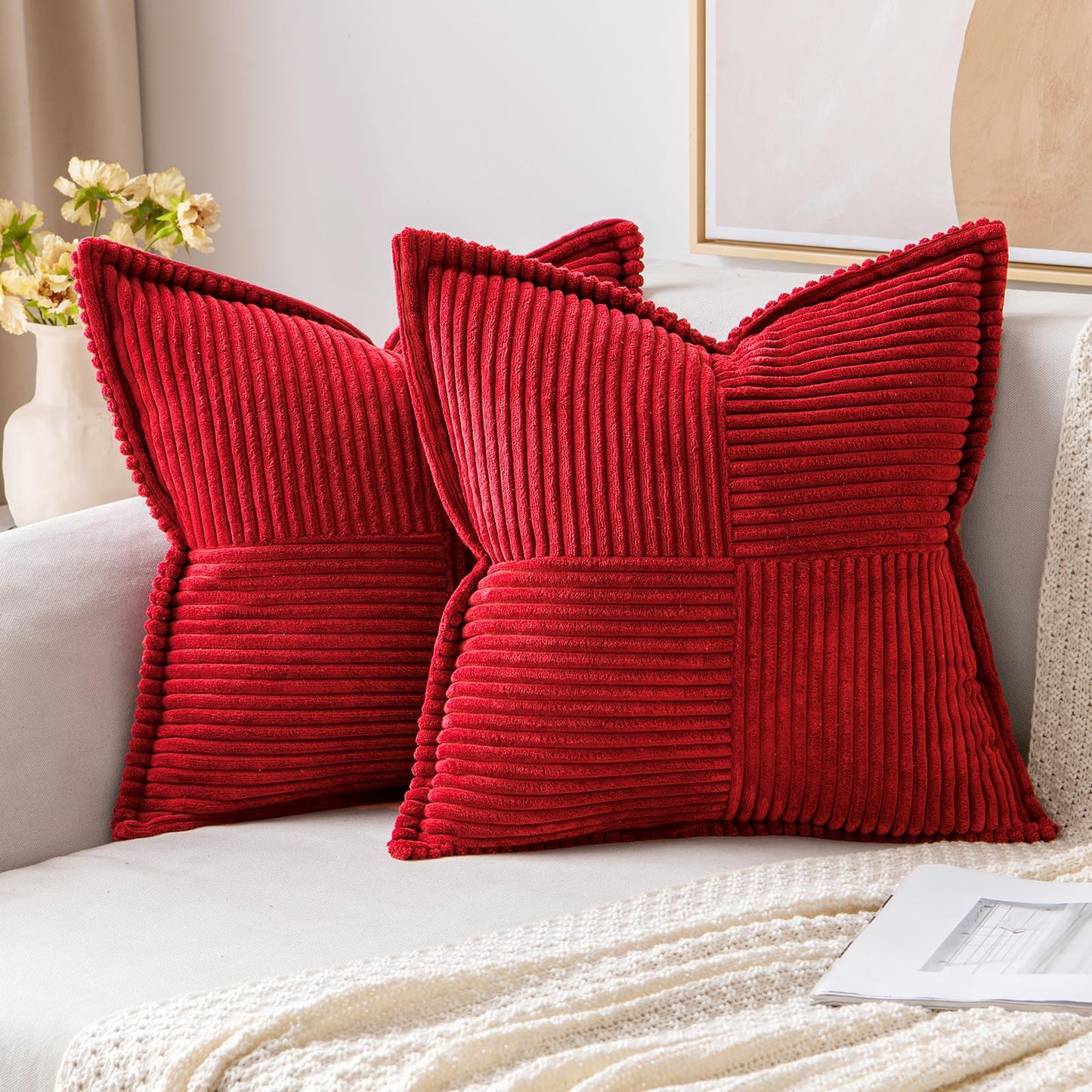 MIULEE Decorative Throw Pillow Covers for Couch 18x18 Inch Beige 2 Pack | Boho Broadside Striped Patchwork Pillow Covers, Soft Corduroy Cushion Cases, For Sofa Bed Livingroom Home Decor