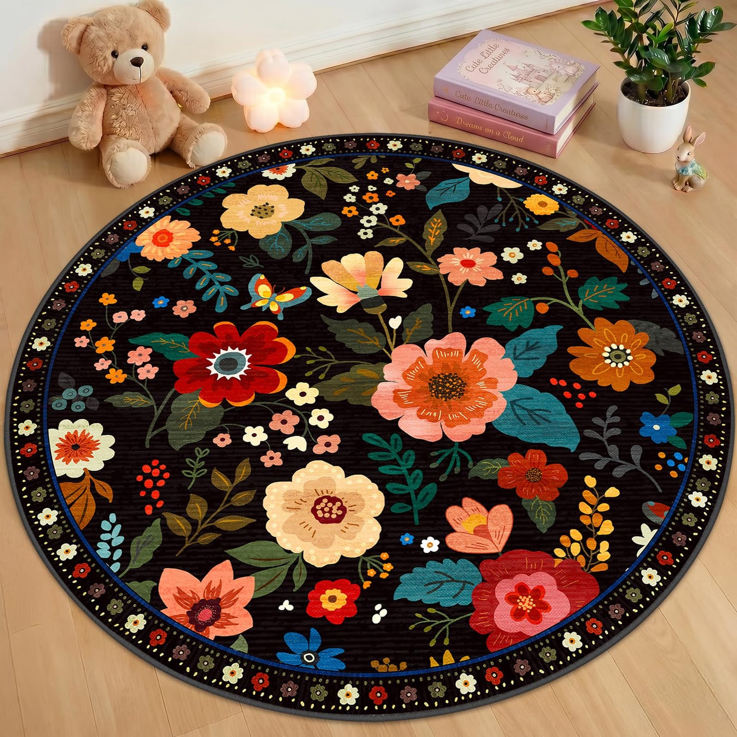 RELEANY Floral Washable 5x7 Area Rugs Beige/White/Orange | Flower Carpet, Print, Boho, Non-Slip, Easy to Clean, Soft, Low Pile for Living Room Bedroom Kitchen Office Entryway Hallway