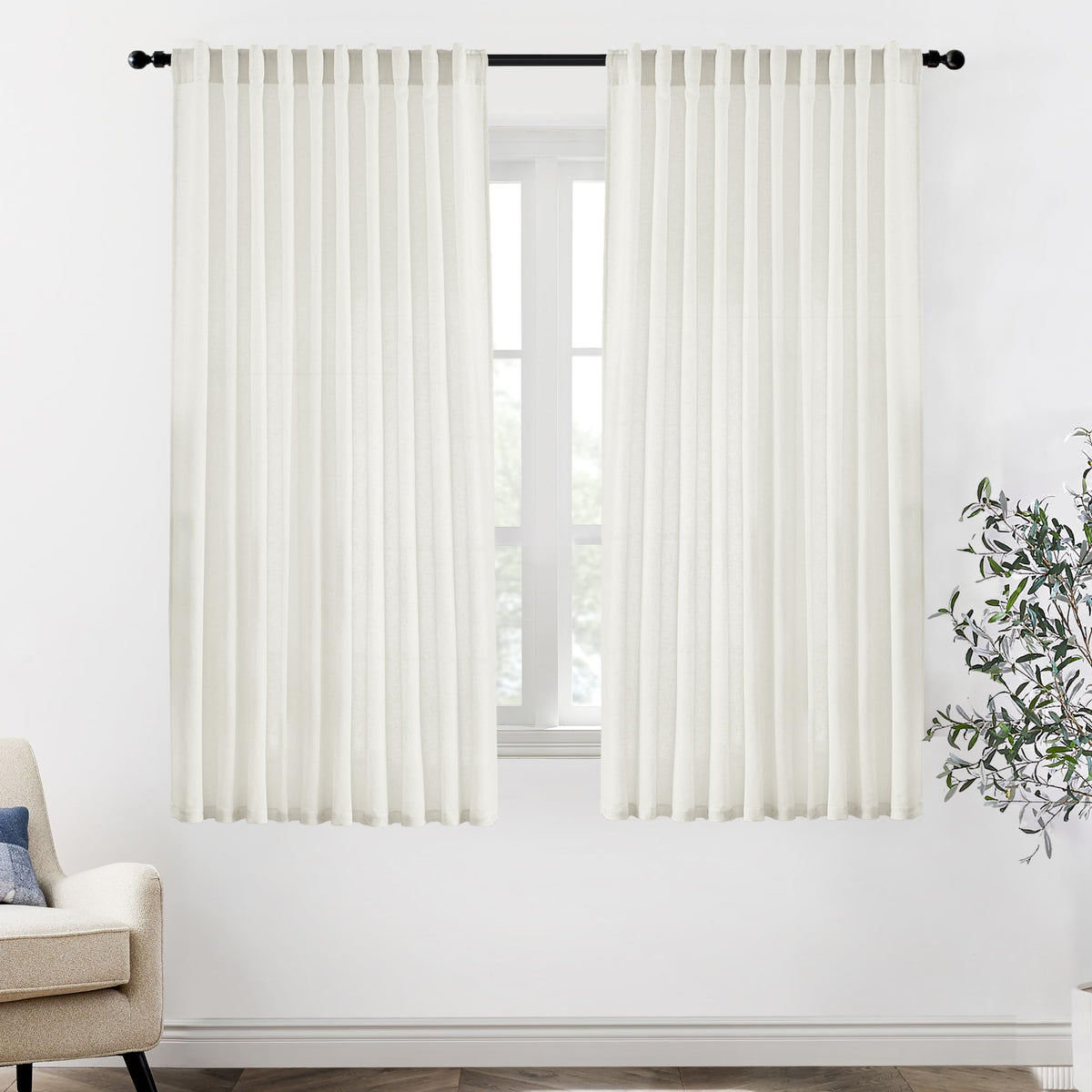 Linen Cotton Curtains for Living Room, Cream Off White Natural Fabric Light Filtering Semi Sheer Curtains 84 Inches Long, Ivory Pleated Farmhouse Curtain Drapes 84 Inch Length 2 Panels Set Dining Room