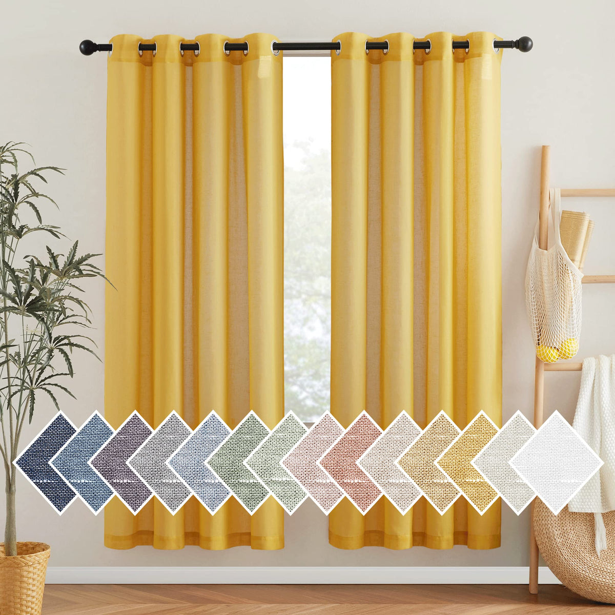 NICETOWN White Sheer Linen Curtains for Living Room 84 inch Length 2 Panels Set, Grommet Semi Sheer Privacy with Light Filtering Flax Window Treatments for Bedroom, W52 x L84