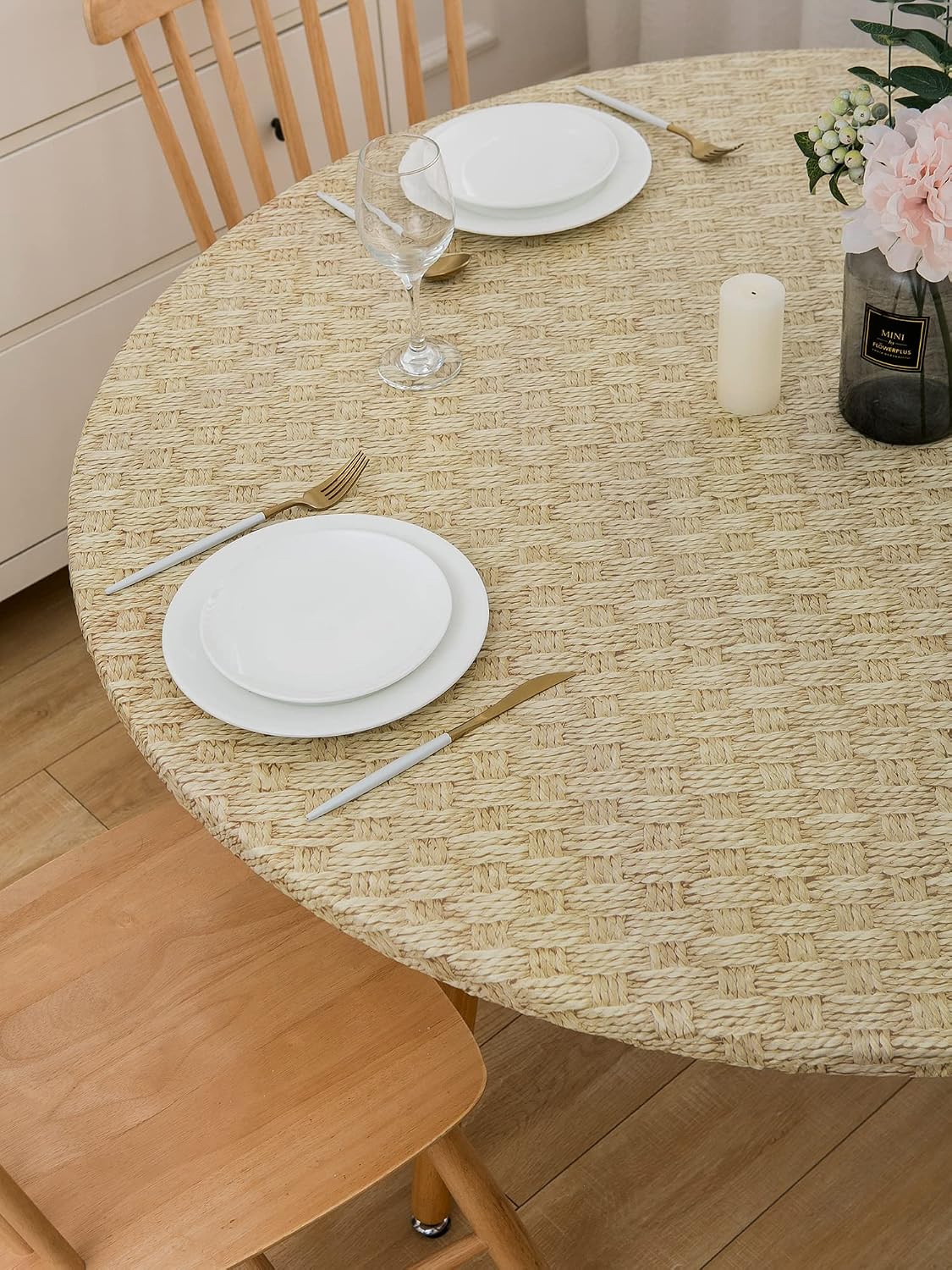 Pioggia Round Vinyl Fitted Tablecloth with Flannel Backing Elastic Table Cloth Waterproof Oil-Proof Plastic Table Cover Best for 45"-56" Round