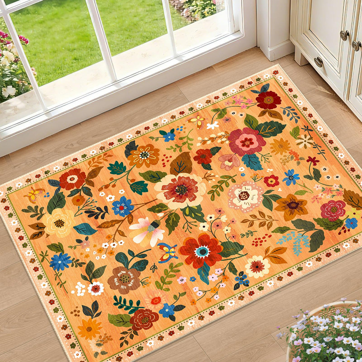 RELEANY Floral Washable 5x7 Area Rugs Beige/White/Orange | Flower Carpet, Print, Boho, Non-Slip, Easy to Clean, Soft, Low Pile for Living Room Bedroom Kitchen Office Entryway Hallway