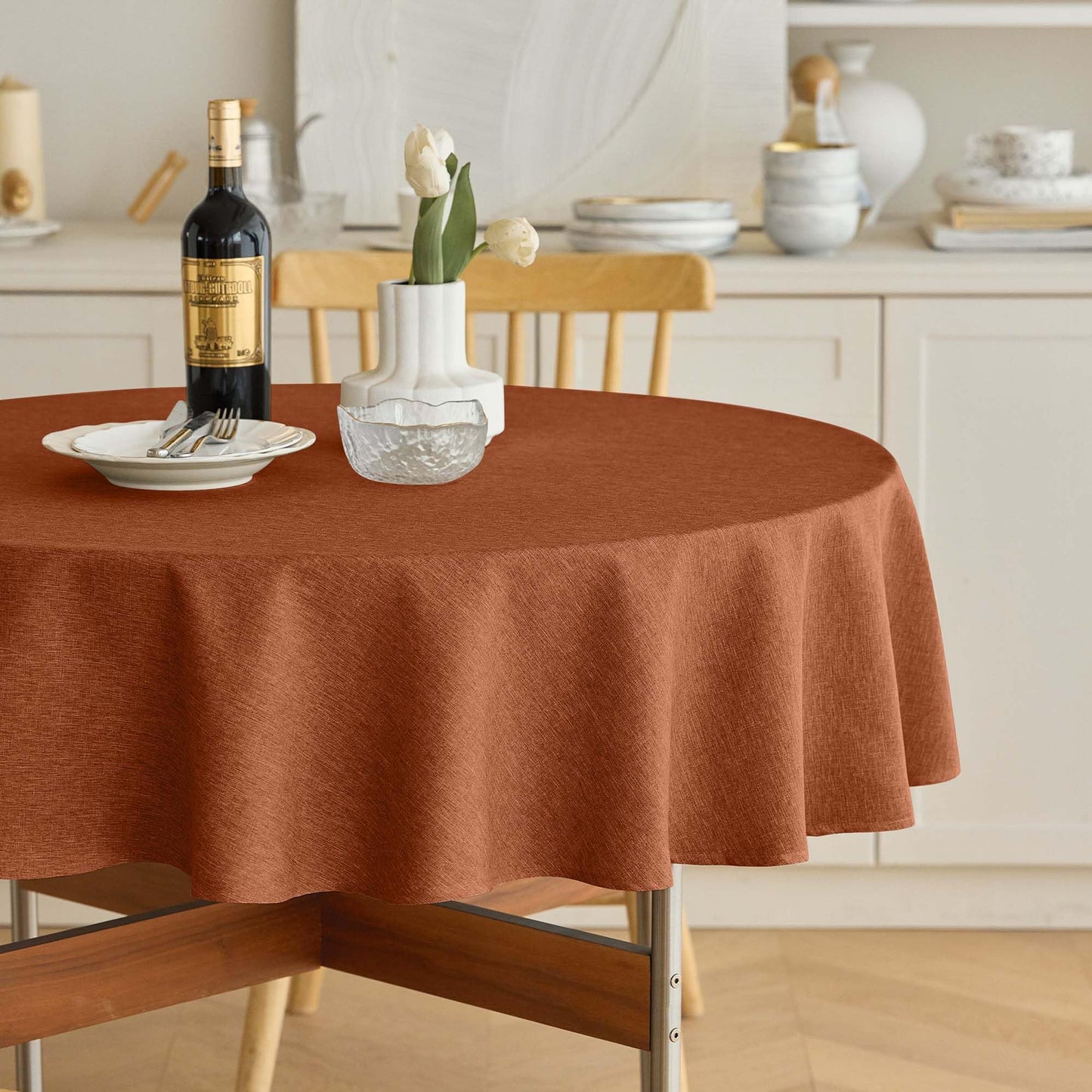 Decorelia Faux Linen Round Tablecloths 60 inch, Waterproof Decorative Washable Texture Rustic Circle Table Cloth Cover for Dining Kitchen Party Farmhouse Outdoor(Round (2-4 Seats),Sage Green)
