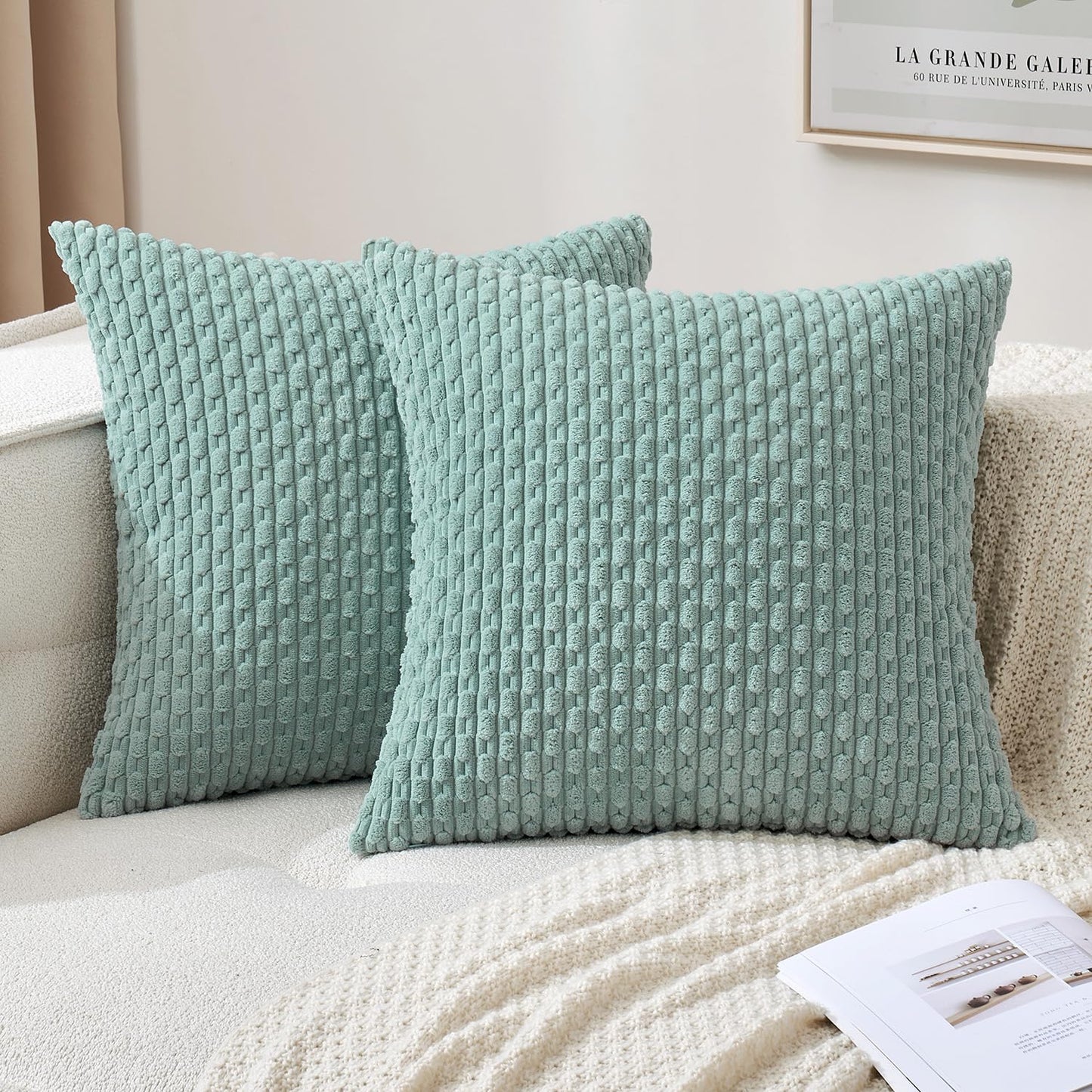 MIULEE Decorative Throw Pillow Covers 18x18 Sage Green Textured Corduroy | Pack of 2 Striped Pillow Covers Modern Farmhouse Home Decor for Couch Bed Sofa Living Room