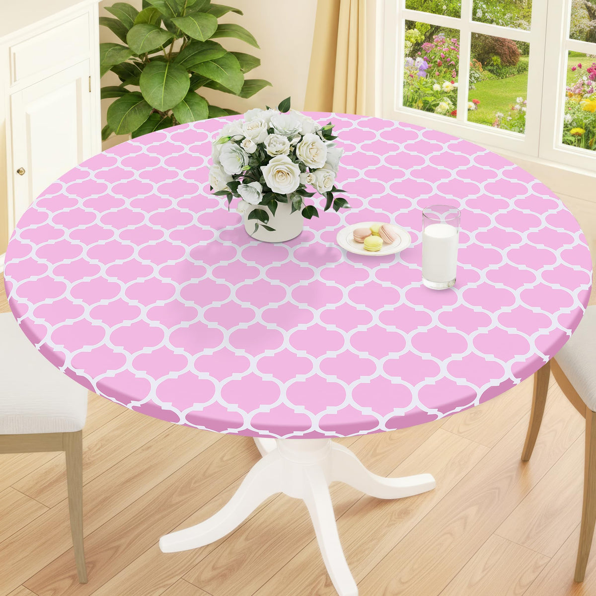 Smiry Round Picnic Tablecloth, Waterproof Elastic Fitted Table Covers for 45" - 56" Tables, Wipeable Flannel Backed Vinyl Tablecloths for Camping, Indoor, Outdoor, Grey & White