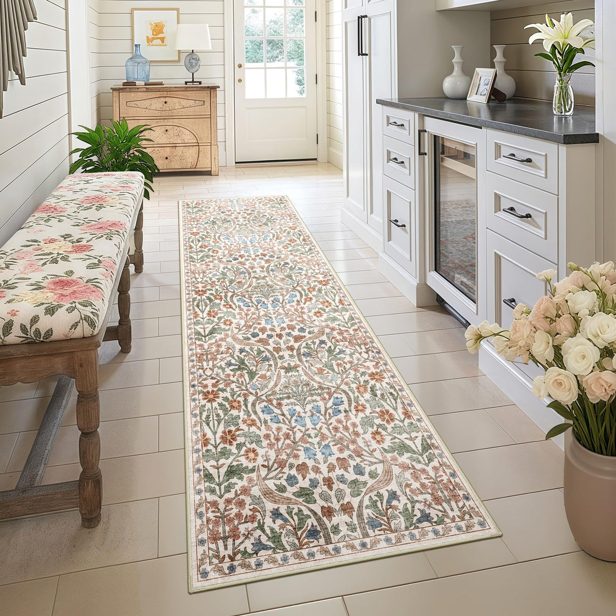 5x7 Washable Area Rug Green Boho Floral for Living Room Bedroom Nursery | Carpet for Dining Room, Soft Low-Pile Non-Slip Faux Wool, Farmhouse Indoor, Kid & Pet Friendly, Stain, Fade & Wear Resistant