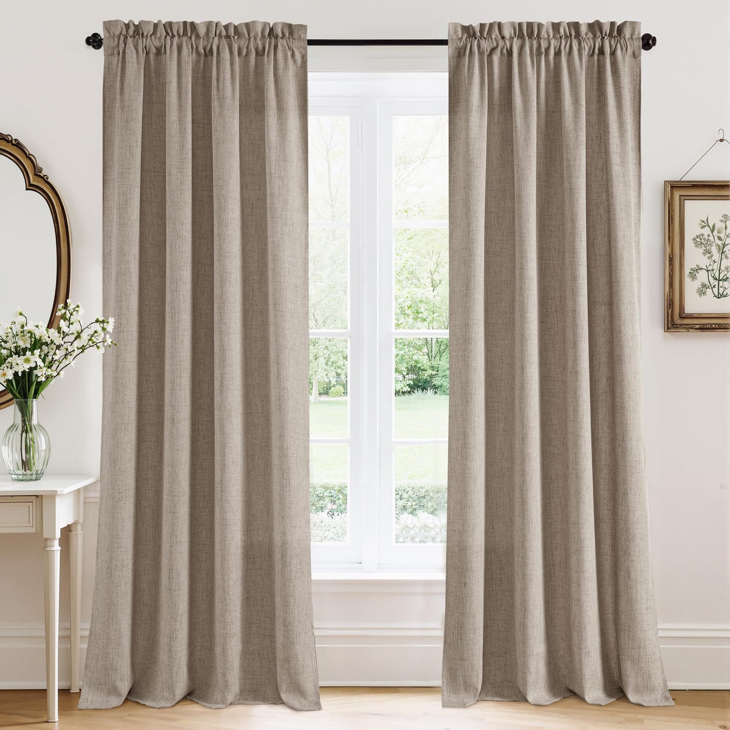 RYB HOME White Semi Sheer Curtains 84 inches Long for Living Room | Half Privacy, Linen Textured, Sheer Light Filtering, Vertical Window Drapes, for Bedroom Dining, White, W52 x L84, 2 Panels