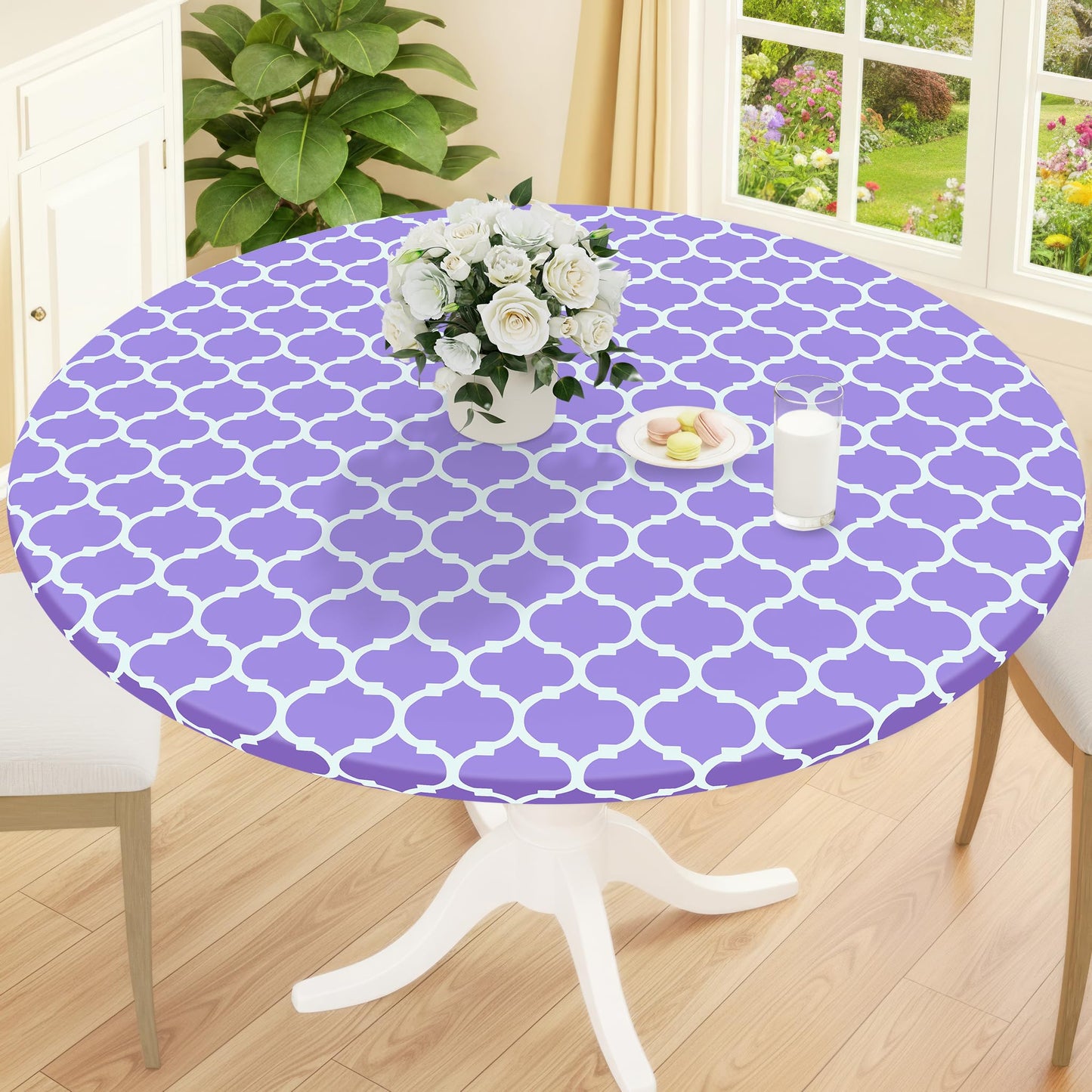 Smiry Round Picnic Tablecloth, Waterproof Elastic Fitted Table Covers for 45" - 56" Tables, Wipeable Flannel Backed Vinyl Tablecloths for Camping, Indoor, Outdoor, Grey & White