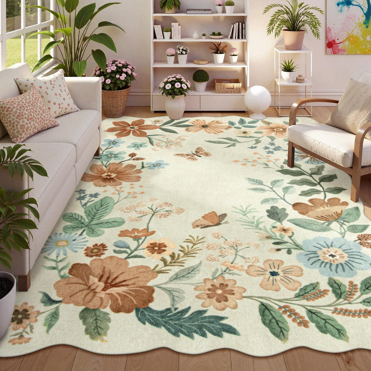 Lahome Floral Washable Living Room Rug, 5x7 Area Rugs for Bedroom Soft | Dining Room Rug Ultra-Thin Non Slip Stain Resistant Boho Low-Pile Throw Carpet for Office Flore (5x7ft, Beige)