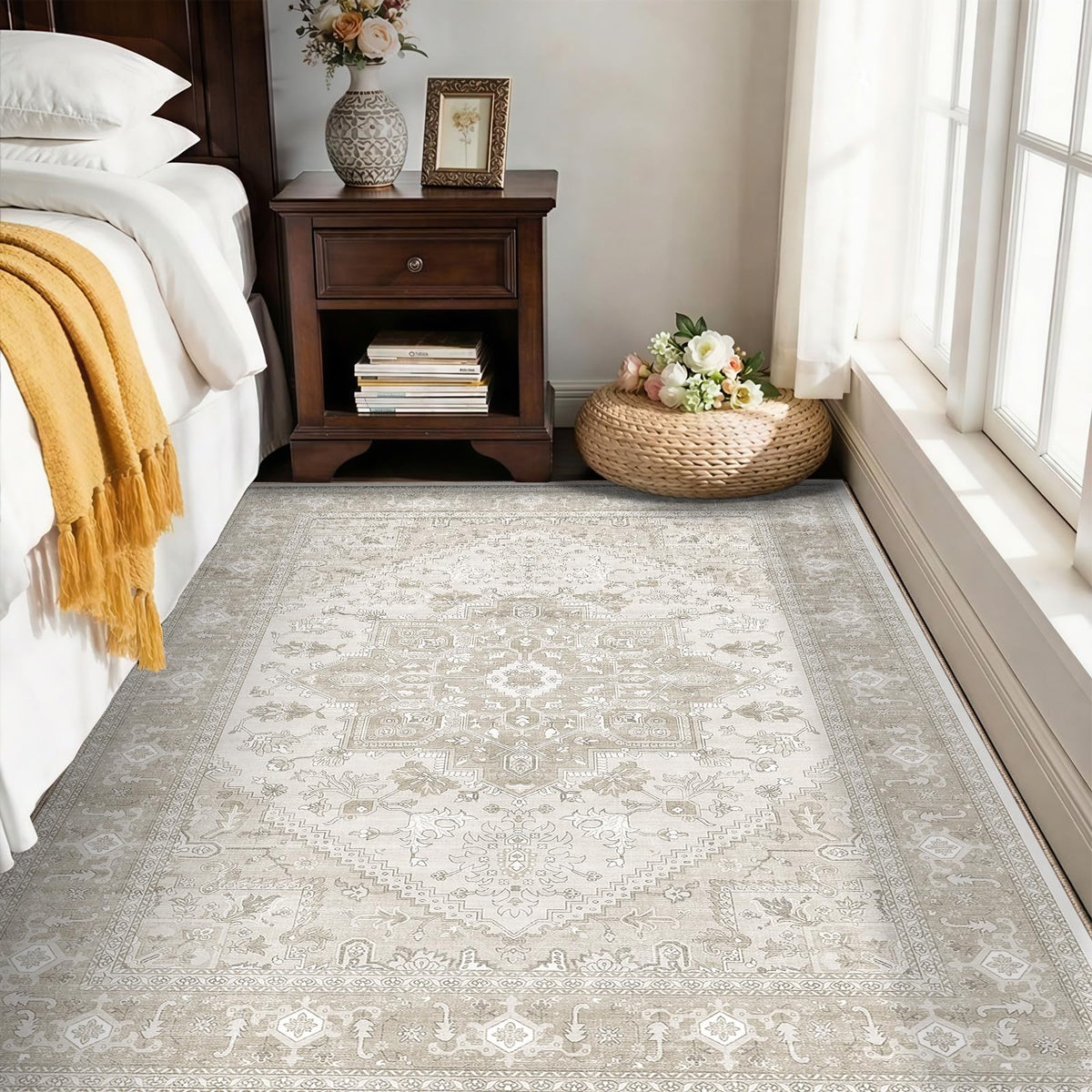 OPPODREAM Soft Area Rugs 5x7, Persian-Inspired Washable Rug, Blue & Gold | Low-Pile Faux Cashmere Surface, TPR Non-Slip Backing, 5 x 7 Carpet for Bedroom, Office, Dorm, Dining Room