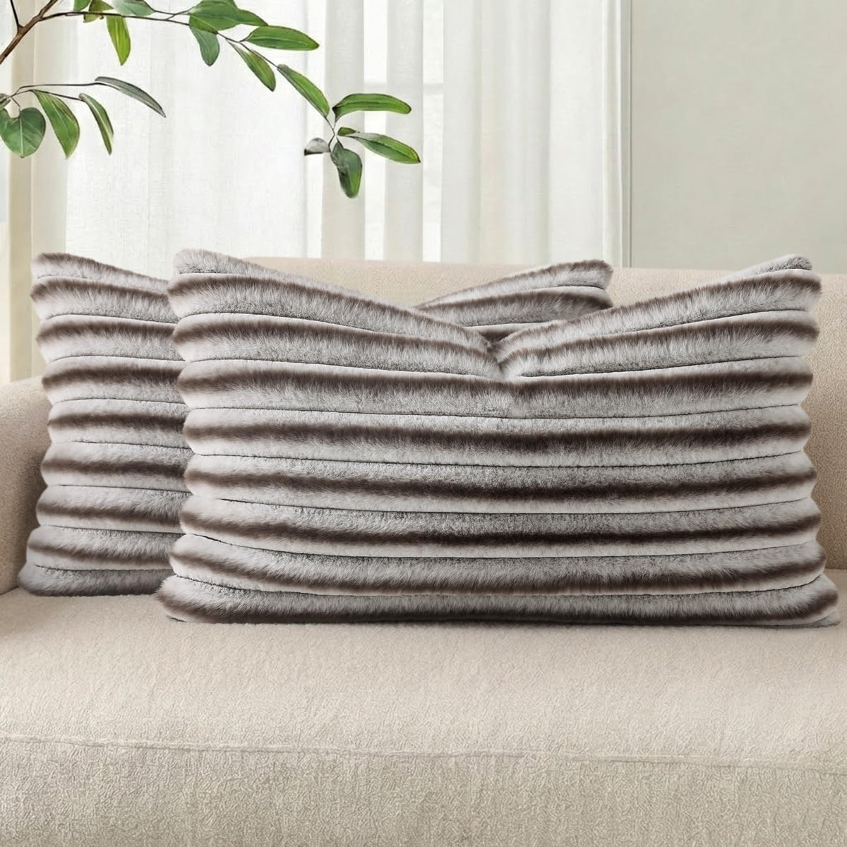 Pallene Faux Fur Decorative Throw Pillow Covers 18x18 Set of 2, Cream White | Luxury Plush Texture, Striped Design, Cozy Soft Touch, Modern Home Accent Decor for Couch, Sofa, Bed, Living Room