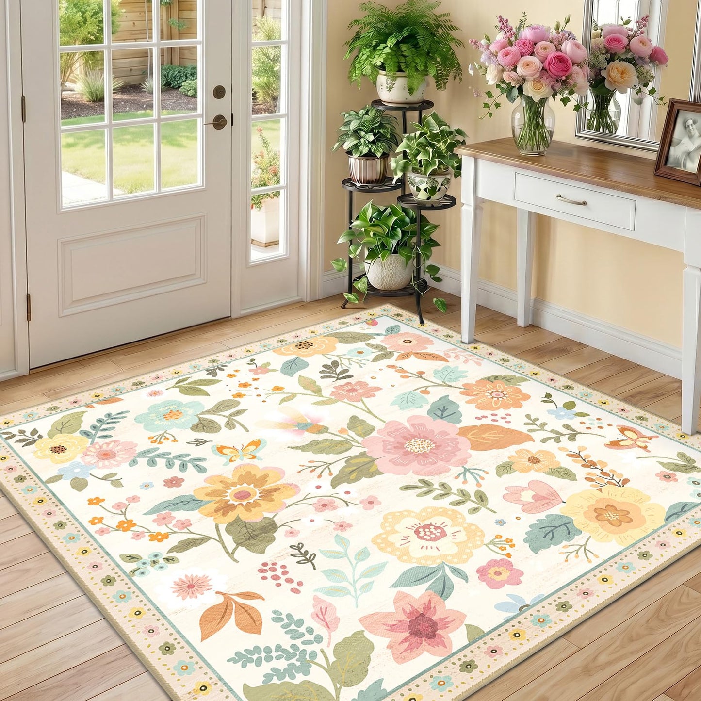 RELEANY Floral Washable 5x7 Area Rugs Beige/White/Orange | Flower Carpet, Print, Boho, Non-Slip, Easy to Clean, Soft, Low Pile for Living Room Bedroom Kitchen Office Entryway Hallway