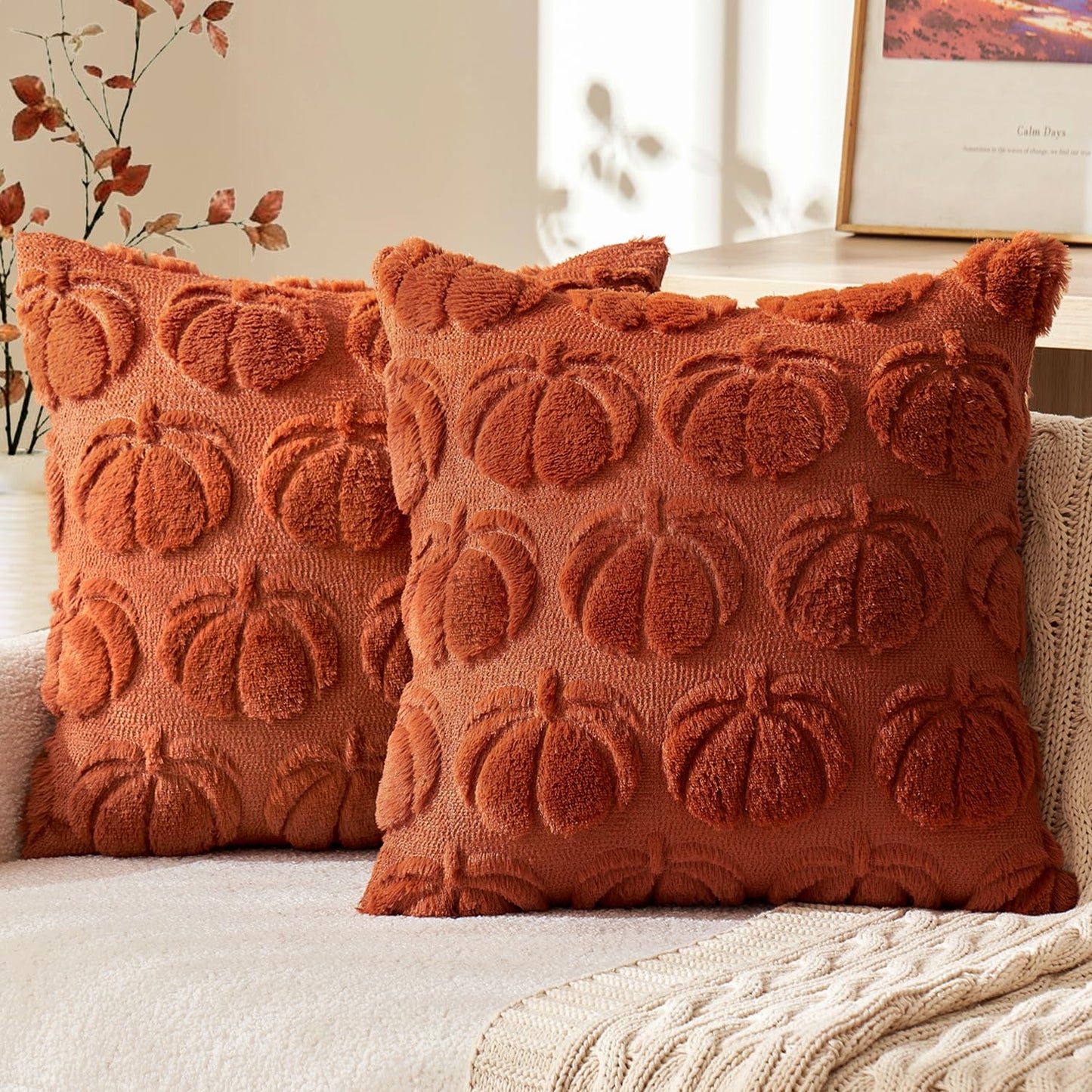MIULEE Fall Pillow Covers Pumpkin Fall Decor 18x18 Dark Rust | Set of 2 Fall Decorations for Home, Plush Faux Fur Farmhouse Accent Pillowcases, Porch Sofa Couch Cushion Bed Livingroom