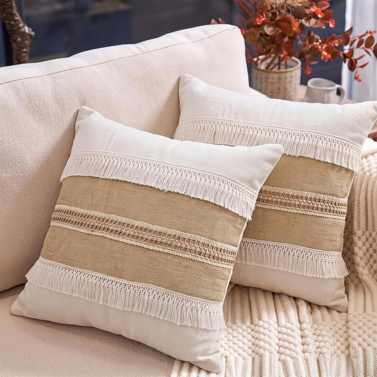 Boho Fringe Throw Pillow Covers 18x18 inch | Khaki and Cream Linen Cushion Covers,Stripe Hemp Lace Tassel Decorative, Neutral Farmhouse Pillow Covers for Couch Sofa