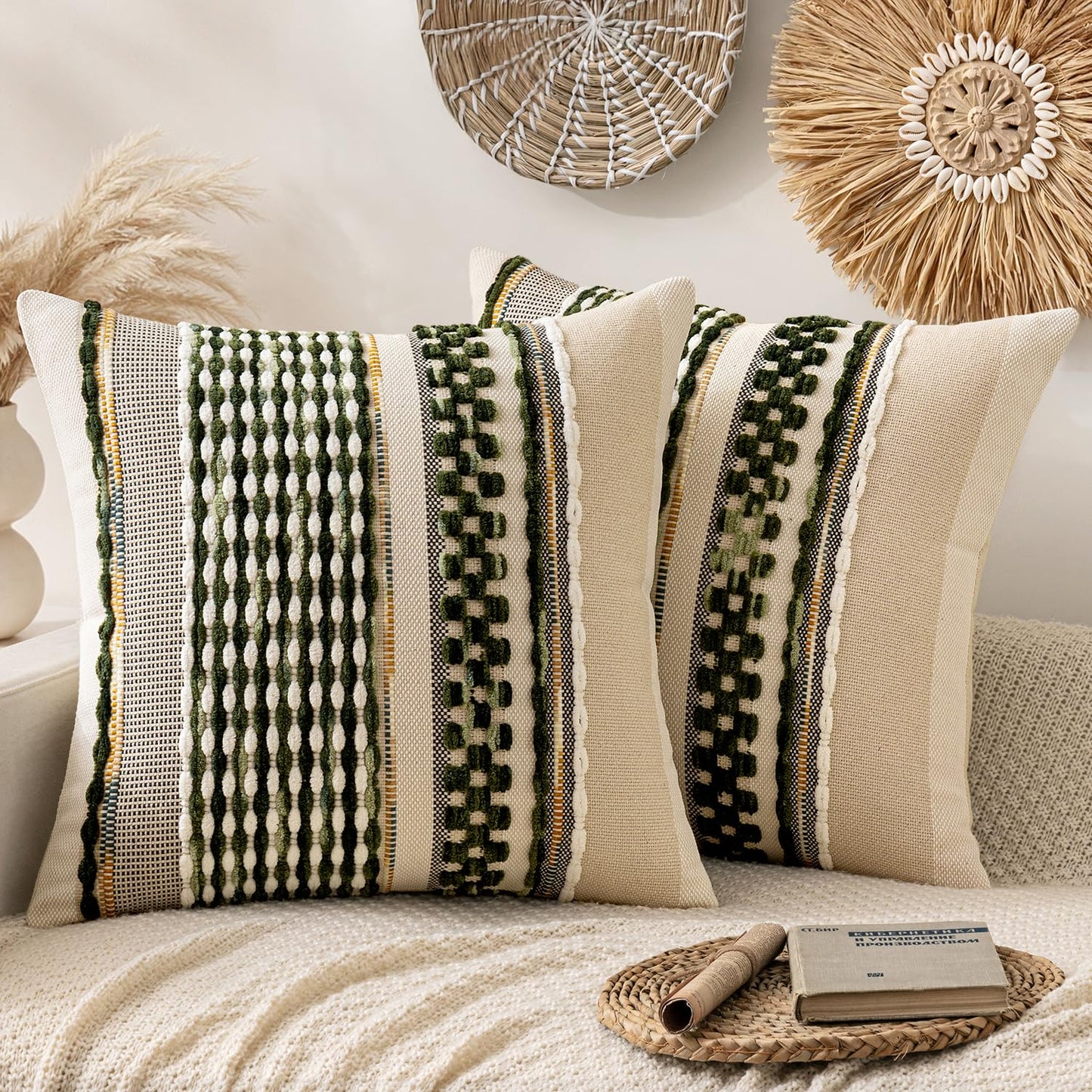 ANRODUO Boho Decorative Pillow Covers Olive Green Stripe 18x18 Pack of 2 | Throw Pillow Covers, Farmhouse Cushion Case, Chenille Pillow Cases, Pillow Covers, Accent Neutral Pillowcase for Couch Bed