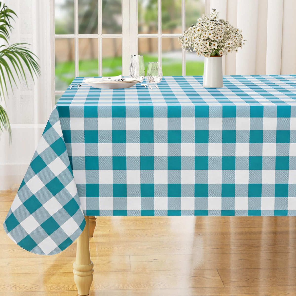 Rectangle Waterproof Vinyl Table Cloth, Buffalo Flannel Backed Tablecloth, Wipeable Plastic Table Cover for Dinner, Kitchen, Outdoor (60" x 84", Black and White)