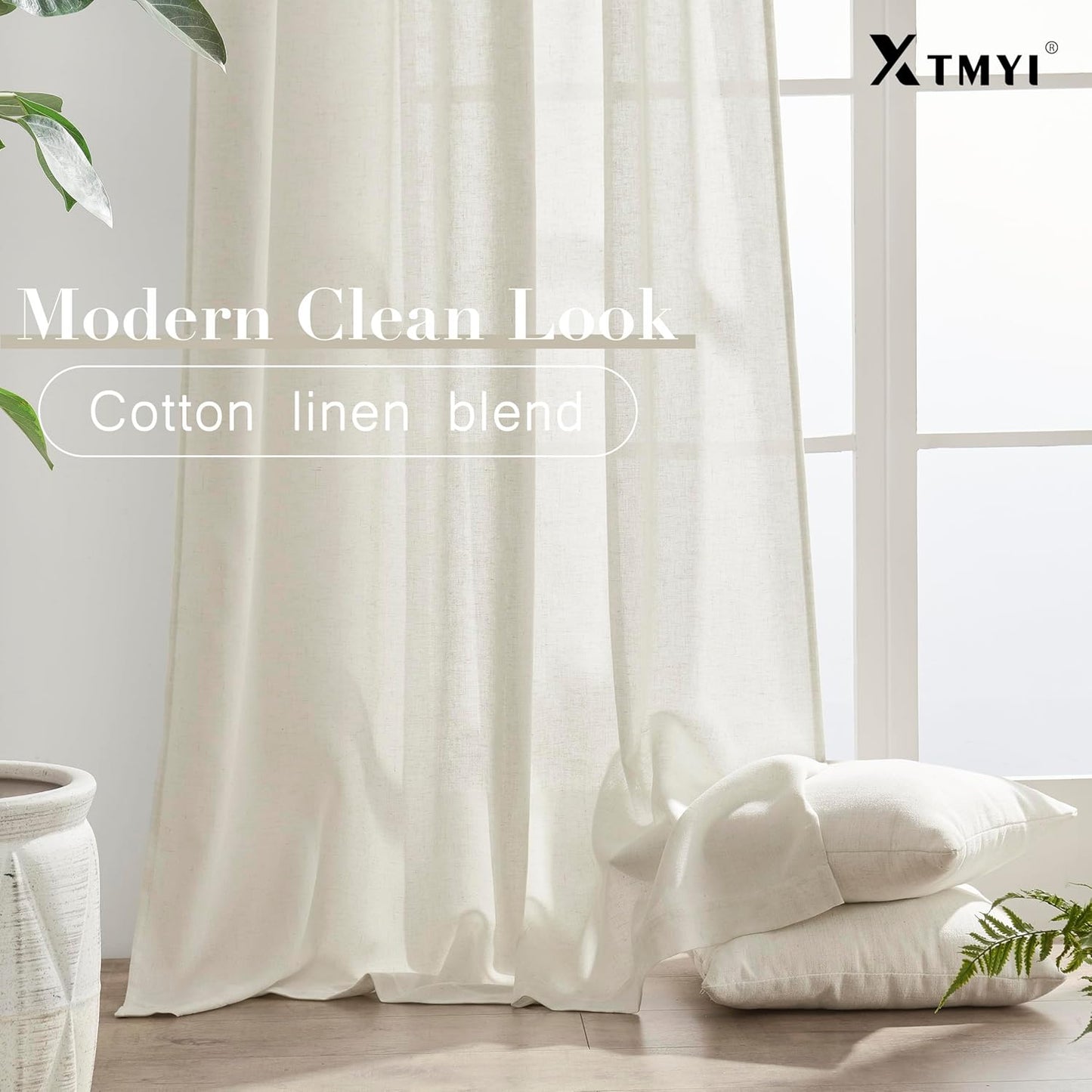 Linen Cotton Curtains for Living Room, Cream Off White Natural Fabric Light Filtering Semi Sheer Curtains 84 Inches Long, Ivory Pleated Farmhouse Curtain Drapes 84 Inch Length 2 Panels Set Dining Room