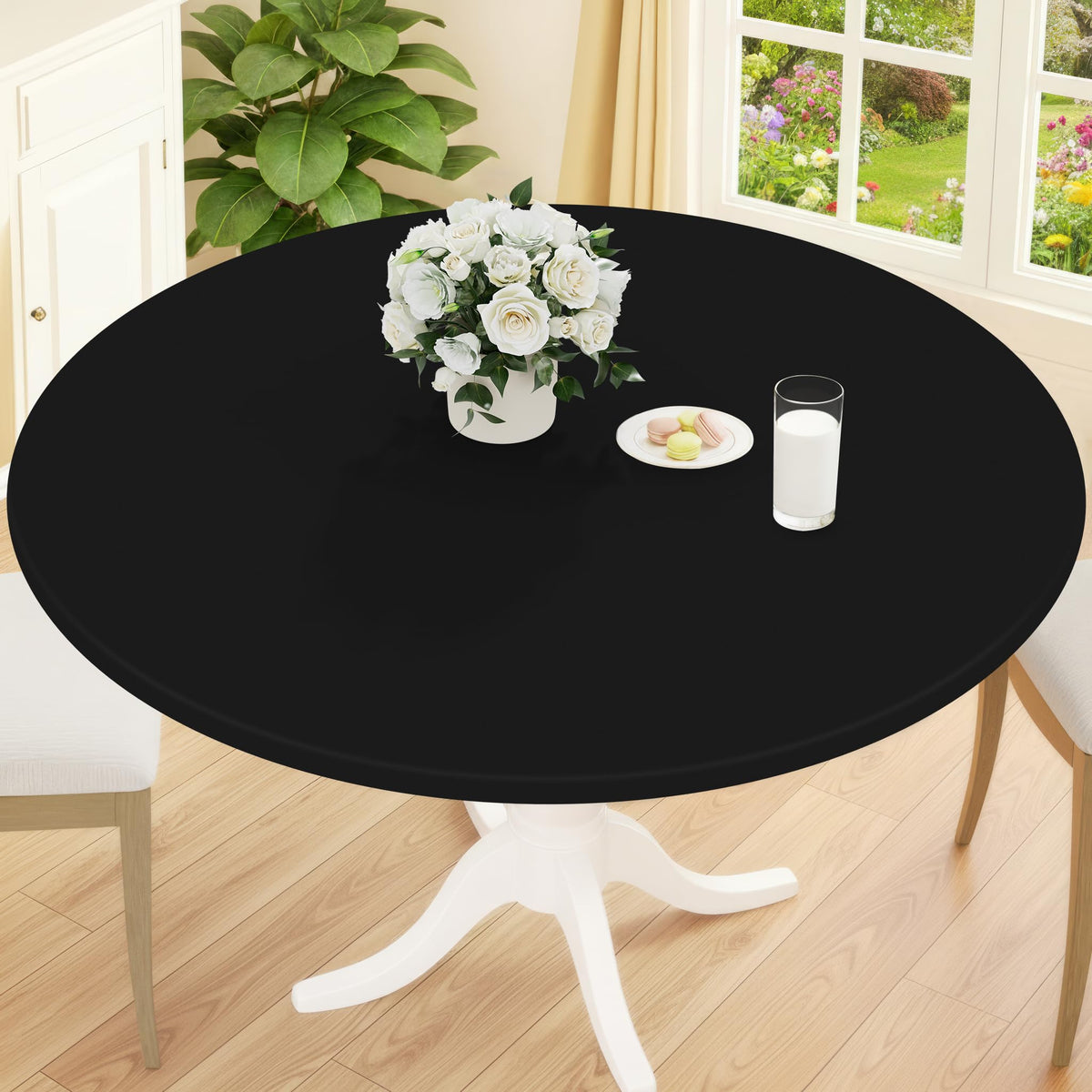 Smiry Round Picnic Tablecloth, Waterproof Elastic Fitted Table Covers for 45" - 56" Tables, Wipeable Flannel Backed Vinyl Tablecloths for Camping, Indoor, Outdoor, Grey & White