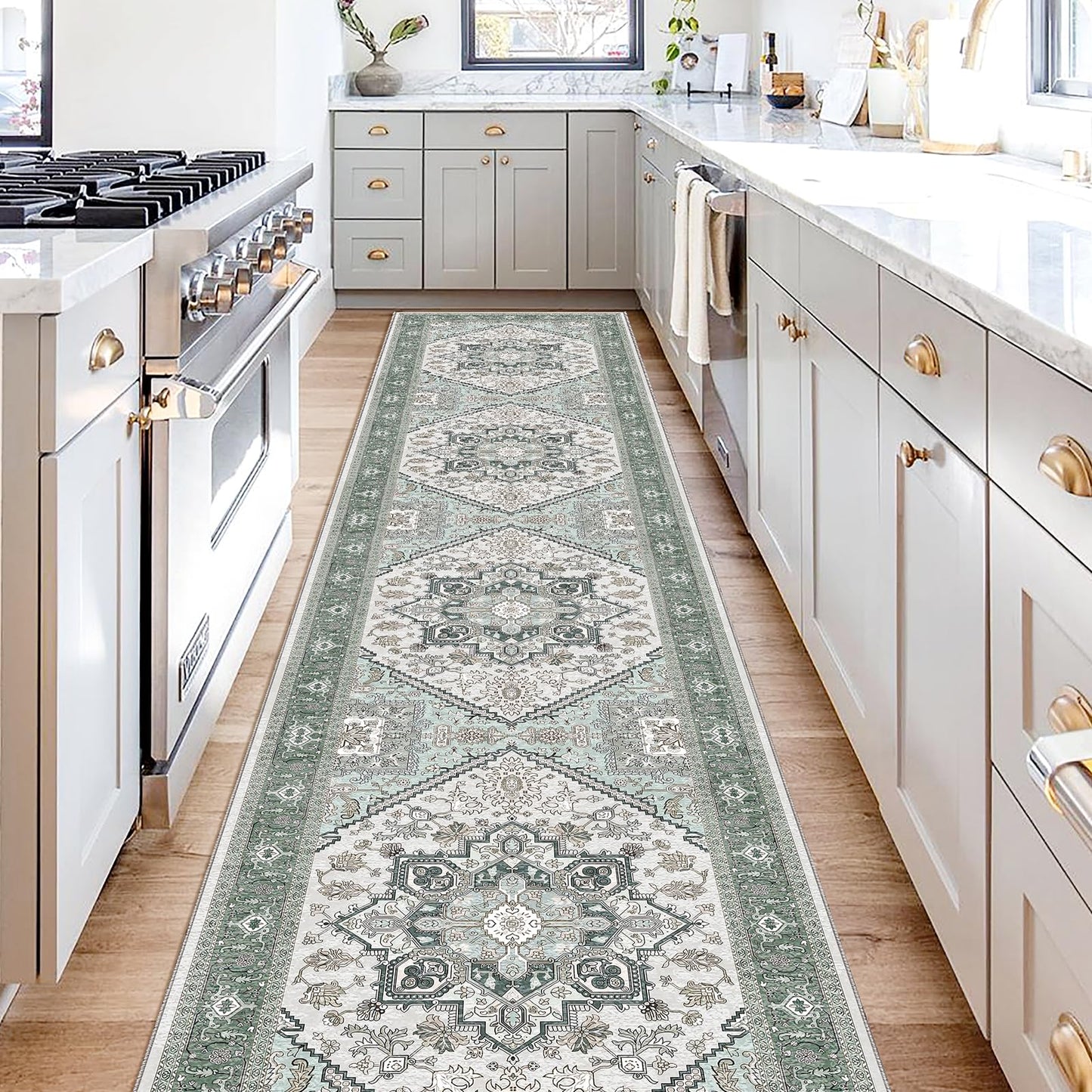 OPPODREAM Soft Area Rugs 5x7, Persian-Inspired Washable Rug, Blue & Gold | Low-Pile Faux Cashmere Surface, TPR Non-Slip Backing, 5 x 7 Carpet for Bedroom, Office, Dorm, Dining Room