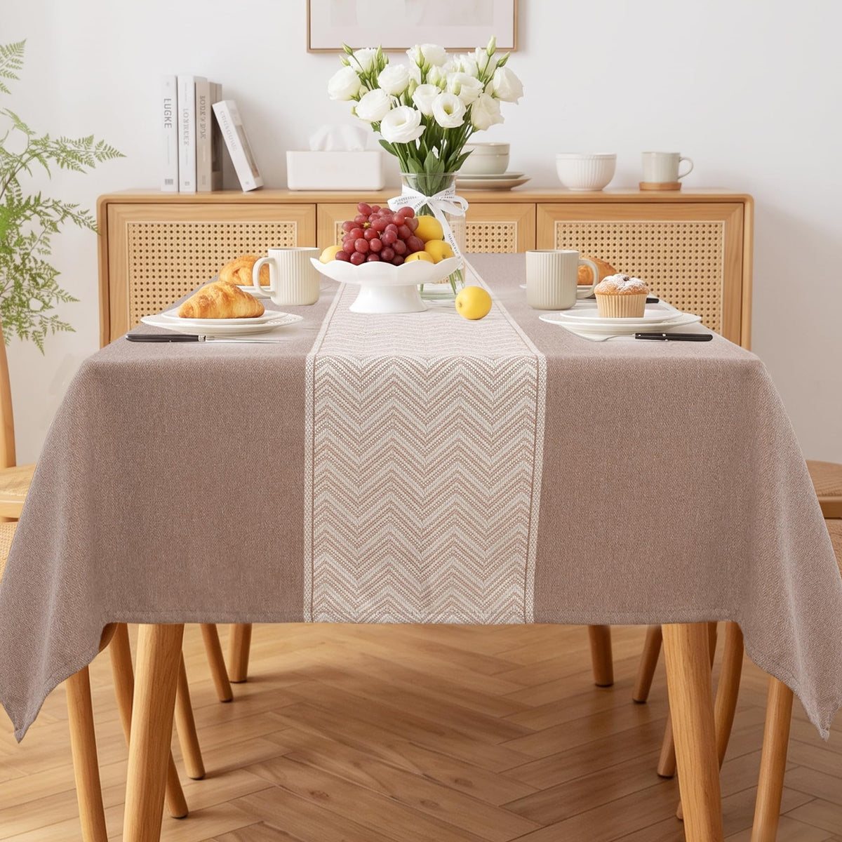 JIUZHEN Rectangle Table Cloth Faux Linen Farmhouse Tablecloth, Wrinkle and Stain Resistant Decorative Fabric Rectangular Spring Table Cover for Dining/Party/Birthday/Wedding, Beige, 54 x 80 Inch
