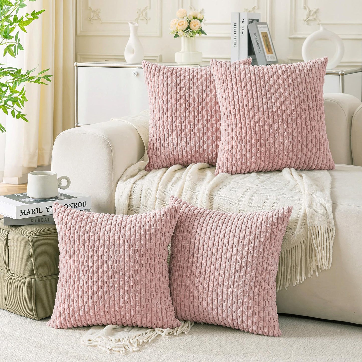 Set of 4 Neutral Decorative Throw Pillow Covers 18x18 Inch Corduroy Pillow Covers for Bed Couch Sofa Living Room Soft Square Cushion Cases