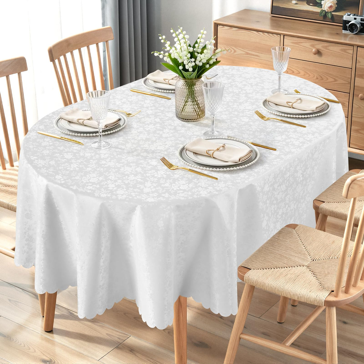 Smiry Rectangle Waterproof Heavy Duty Vinyl Tablecloths, 60 x 84 Inch | Wipeable Washable Floral Embossed Table Cover for Kitchen and Dining Room, Indoor & Outdoor Use, Beige
