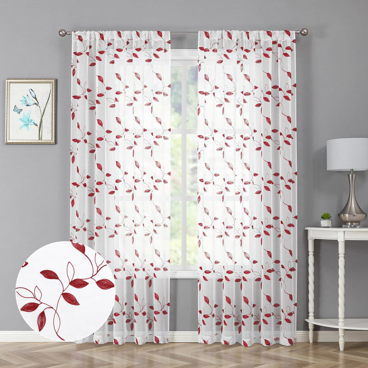 Tollpiz White Leaf Sheer Curtains Bedroom 54 x 84 Inches | Leaves Embroidered Curtain Rod Pocket Voile Window Treatment for Living Room, Set of 2 Panels