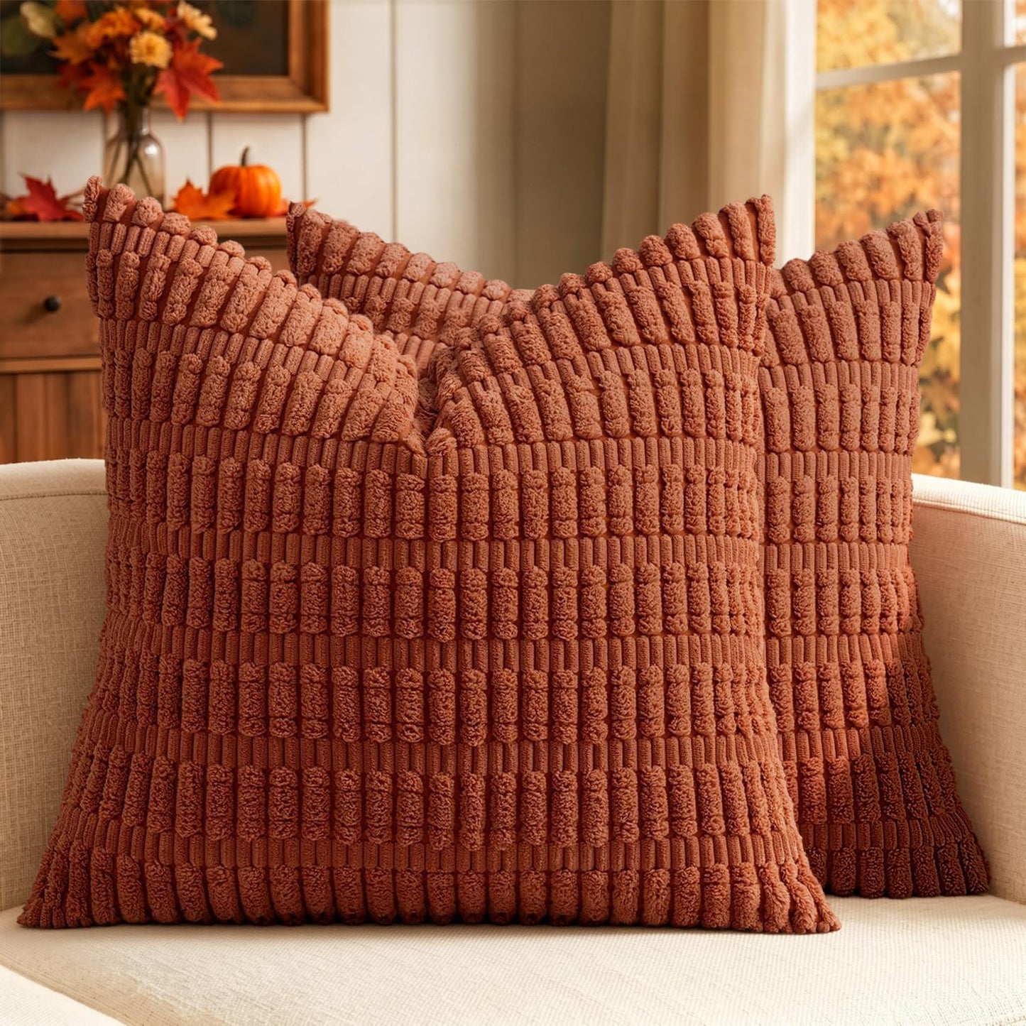 MIULEE Corduroy Decorative Throw Pillow Covers 18x18 Cream White Pack of 2 | Soft Boho Striped Pillow Covers Modern Farmhouse Home Decor For Sofa Living Room Couch Bed