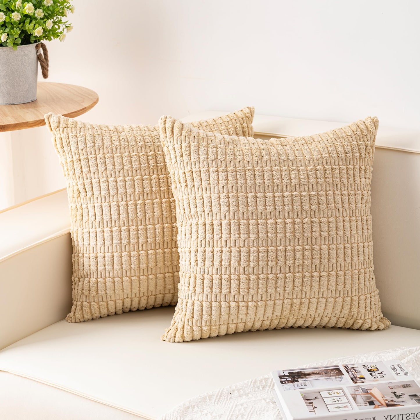 Pack of 2 Corduroy Decorative Throw Pillow Covers 18x18 Inch, Cream White | Fall Soft Striped Pillow Covers Modern Farmhouse Home Decor Christmas Throw Pillow Covers for Sofa Living Room Couch Bed ﻿