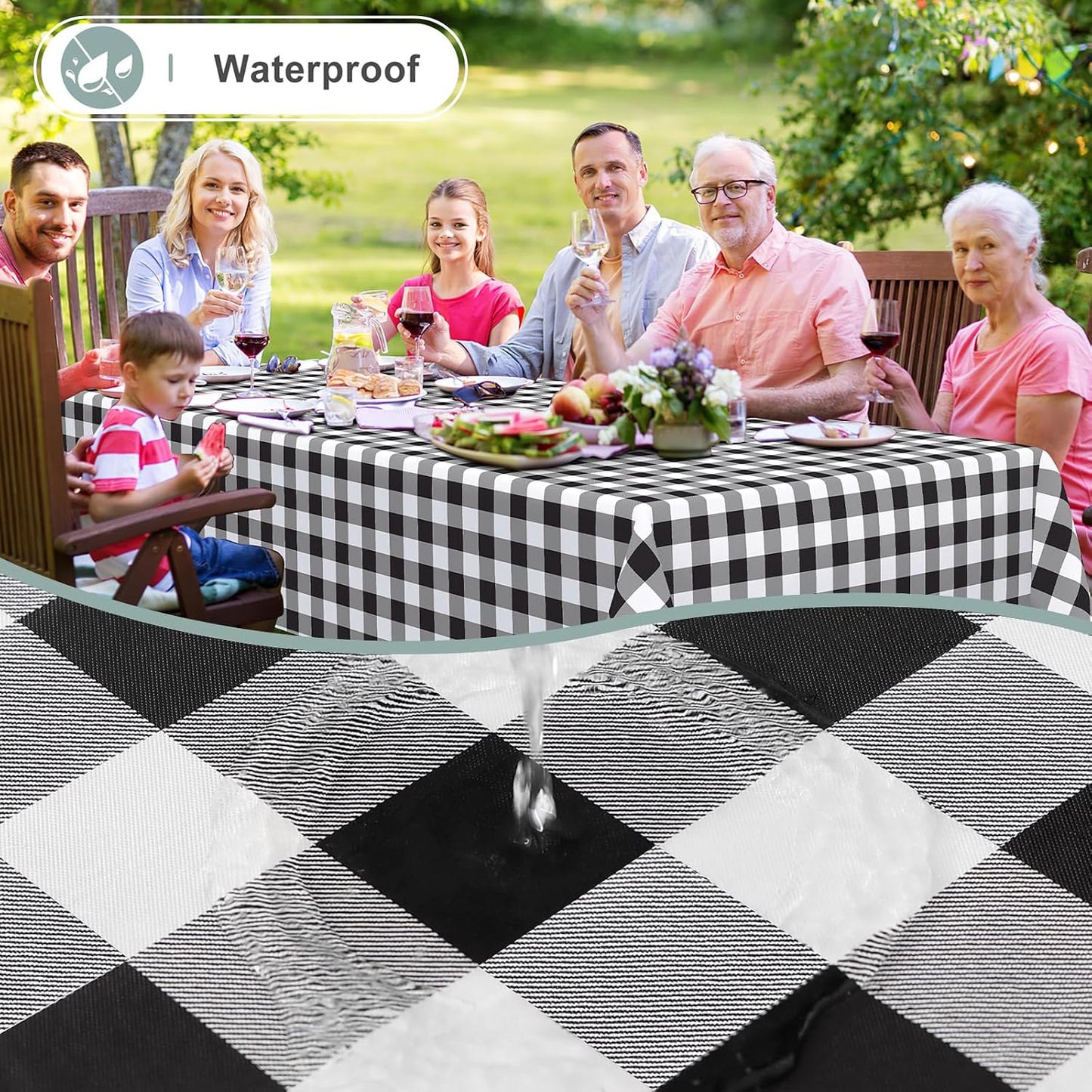Rectangle Waterproof Vinyl Table Cloth, Buffalo Flannel Backed Tablecloth, Wipeable Plastic Table Cover for Dinner, Kitchen, Outdoor (60" x 84", Black and White)