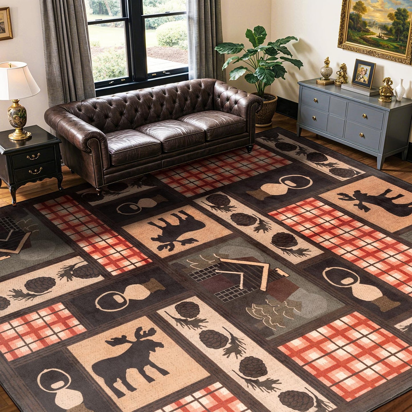 LIANLAM 8x10 Washable Area Rugs for Living Room & Bedroom(8x10,Black&Gray) | Non-Slip Large Carpet,Vintage Checkered Pattern, Stain Resistant Faux Wool Low Pile Soft Rug for Dining Room,Office,Nursery
