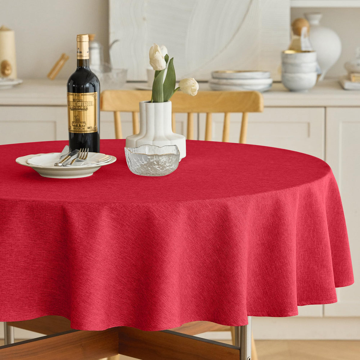 Decorelia Faux Linen Round Tablecloths 60 inch, Waterproof Decorative Washable Texture Rustic Circle Table Cloth Cover for Dining Kitchen Party Farmhouse Outdoor(Round (2-4 Seats),Sage Green)