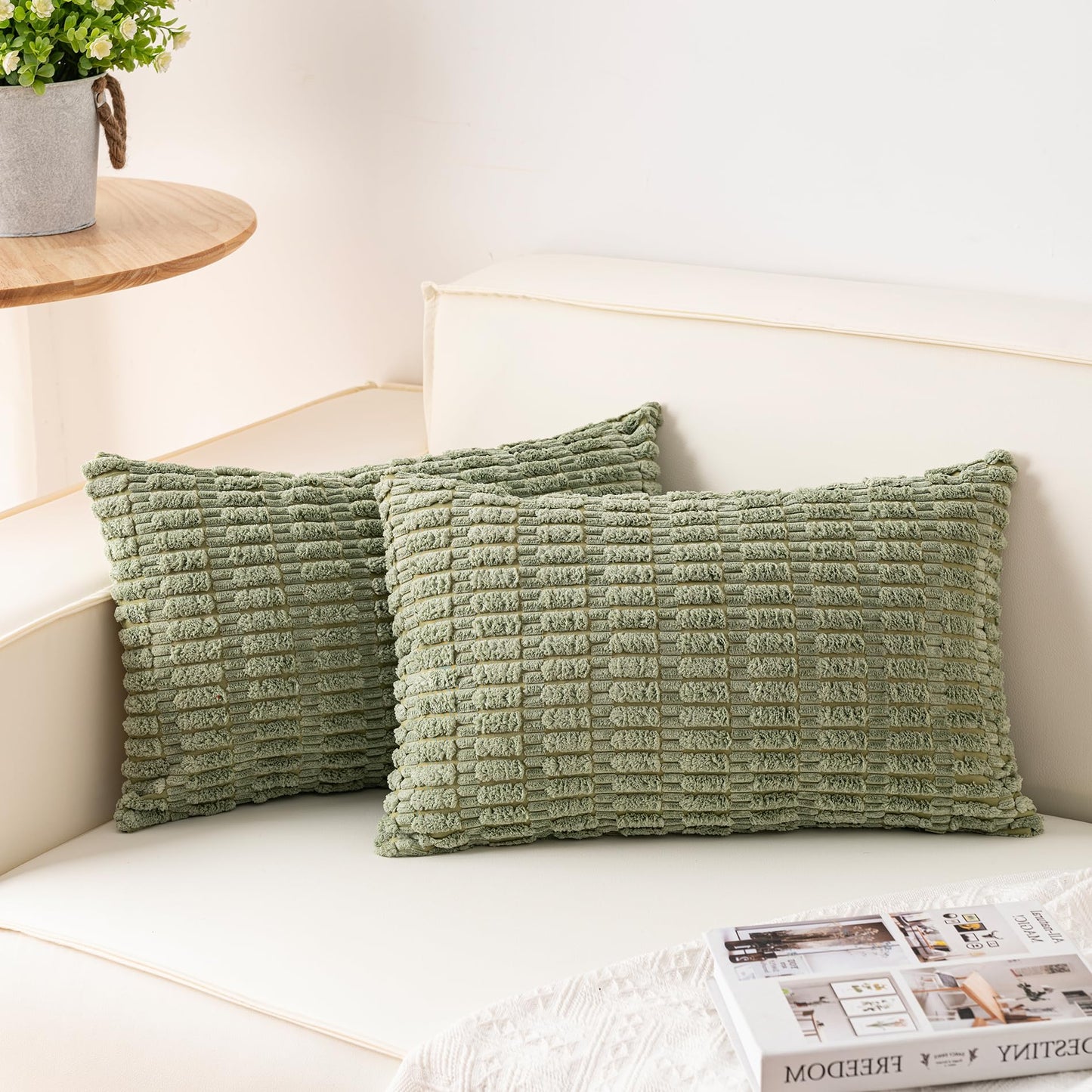 Pack of 2 Corduroy Decorative Throw Pillow Covers 18x18 Inch, Cream White | Fall Soft Striped Pillow Covers Modern Farmhouse Home Decor Christmas Throw Pillow Covers for Sofa Living Room Couch Bed ﻿