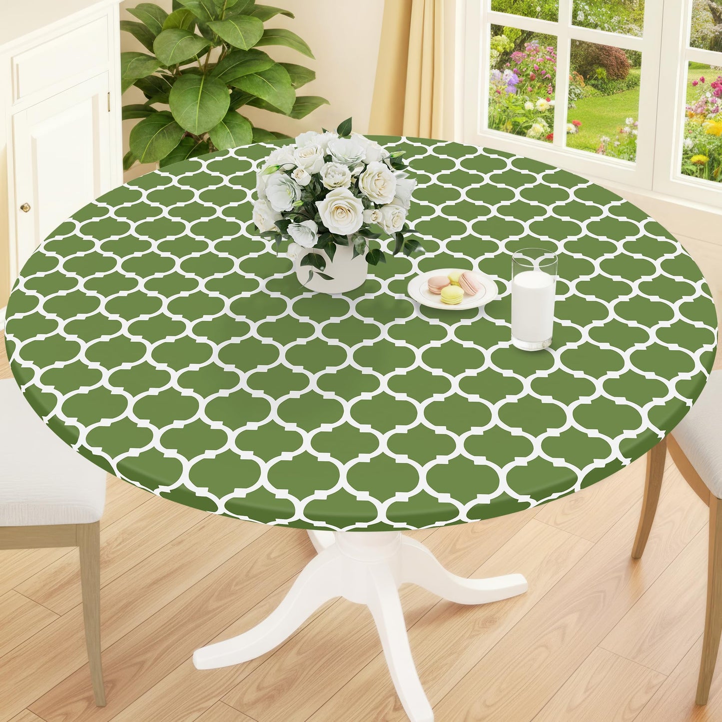 Smiry Round Picnic Tablecloth, Waterproof Elastic Fitted Table Covers for 45" - 56" Tables, Wipeable Flannel Backed Vinyl Tablecloths for Camping, Indoor, Outdoor, Grey & White