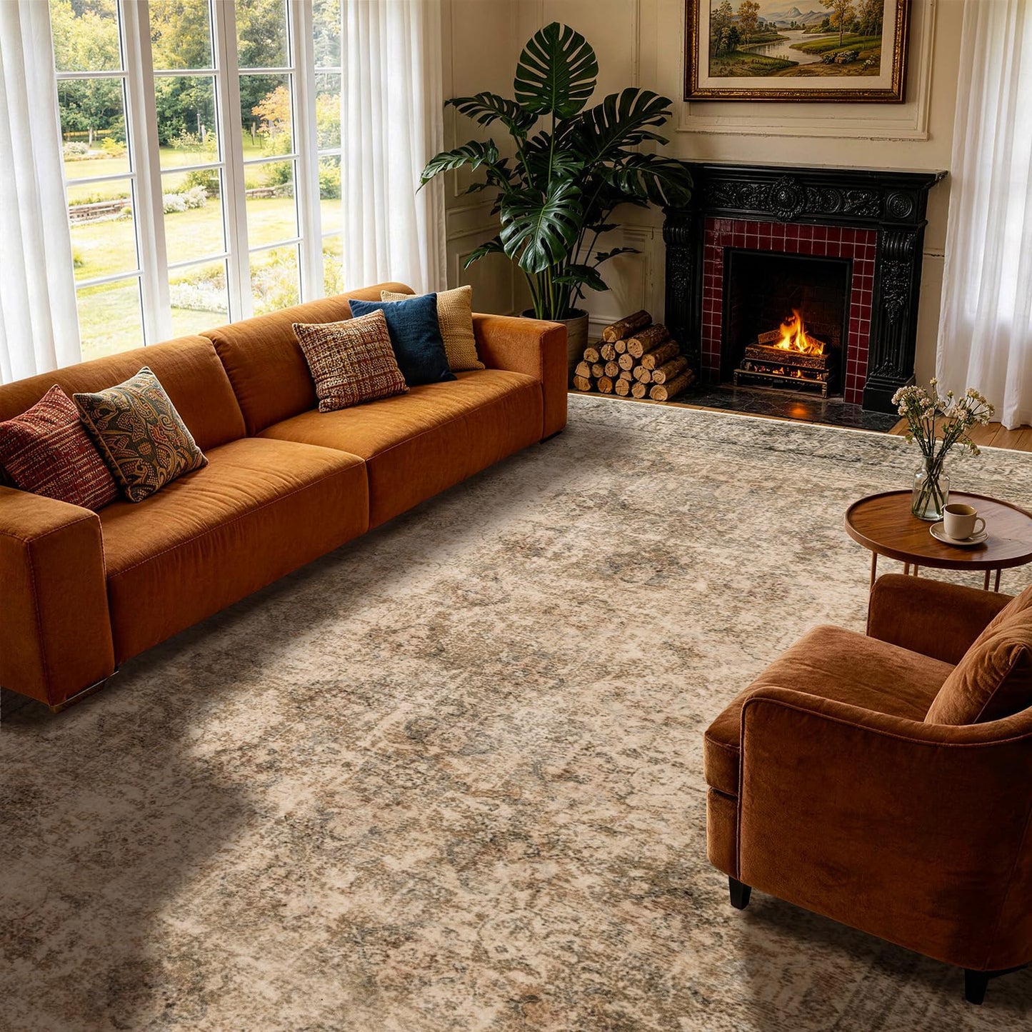 8x10 Washable Area Rug, Black Solid Area Rugs for Living Room & Bedroom | Stain-resistant & Non-slip backing,Low Pile Washable Large Carpet, Solid Vintage Style For High Traffic Areas(8x10,Black)