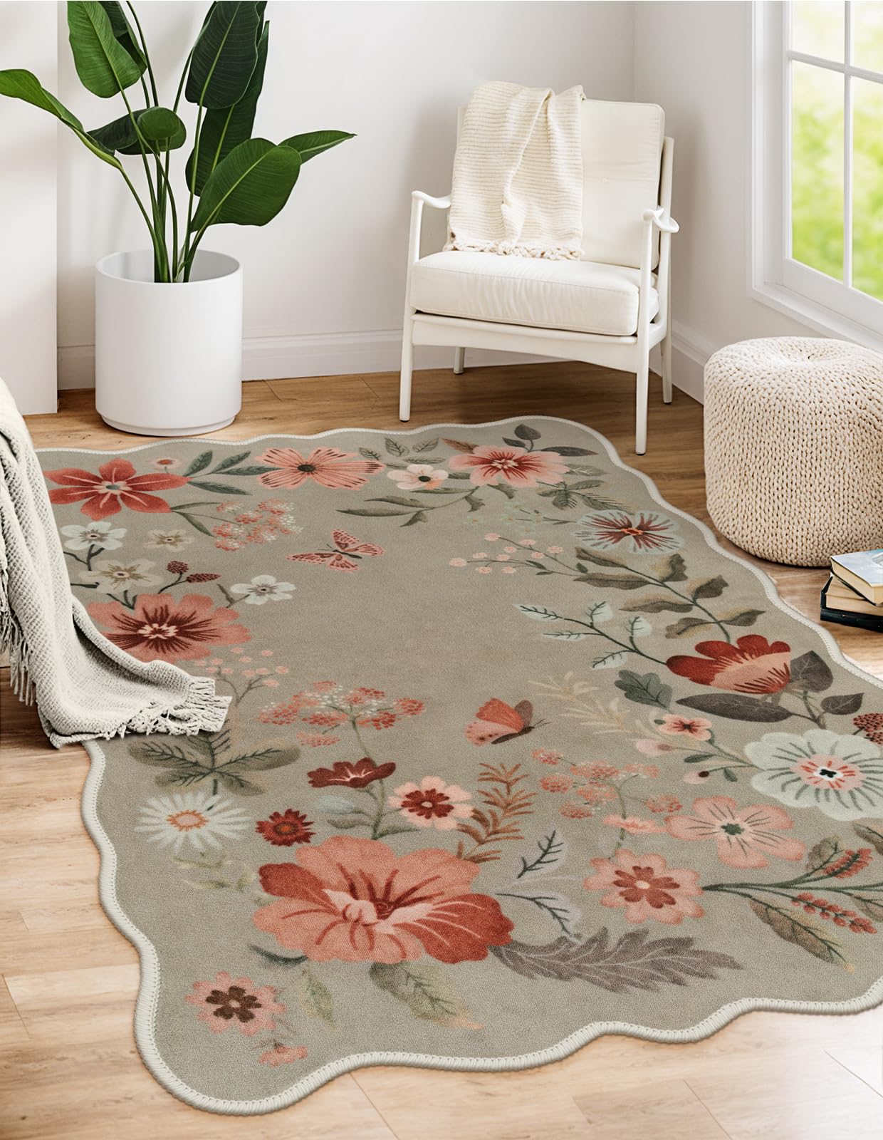 Lahome Floral Rugs for Living Room, 5x7 Area Rugs Ultra-Thin Soft Washable Rug, Non-Slip Bedroom Rug Stain Resistant Boho Flore Carpet for ‎Dining Room Office (5x7ft,Black/Grey)