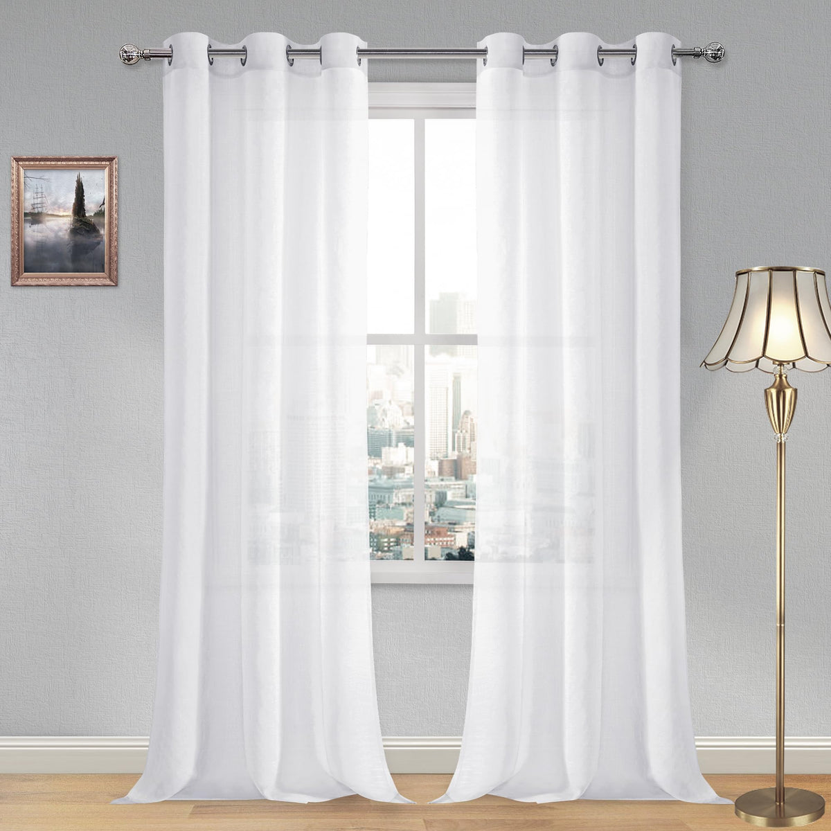 DWCN White Sheer Curtains Linen Look Semi Transparent Voile Grommet White Curtains for Living Dining Room Drapes 52 x 84 Inch Long, Set of 2 Panels