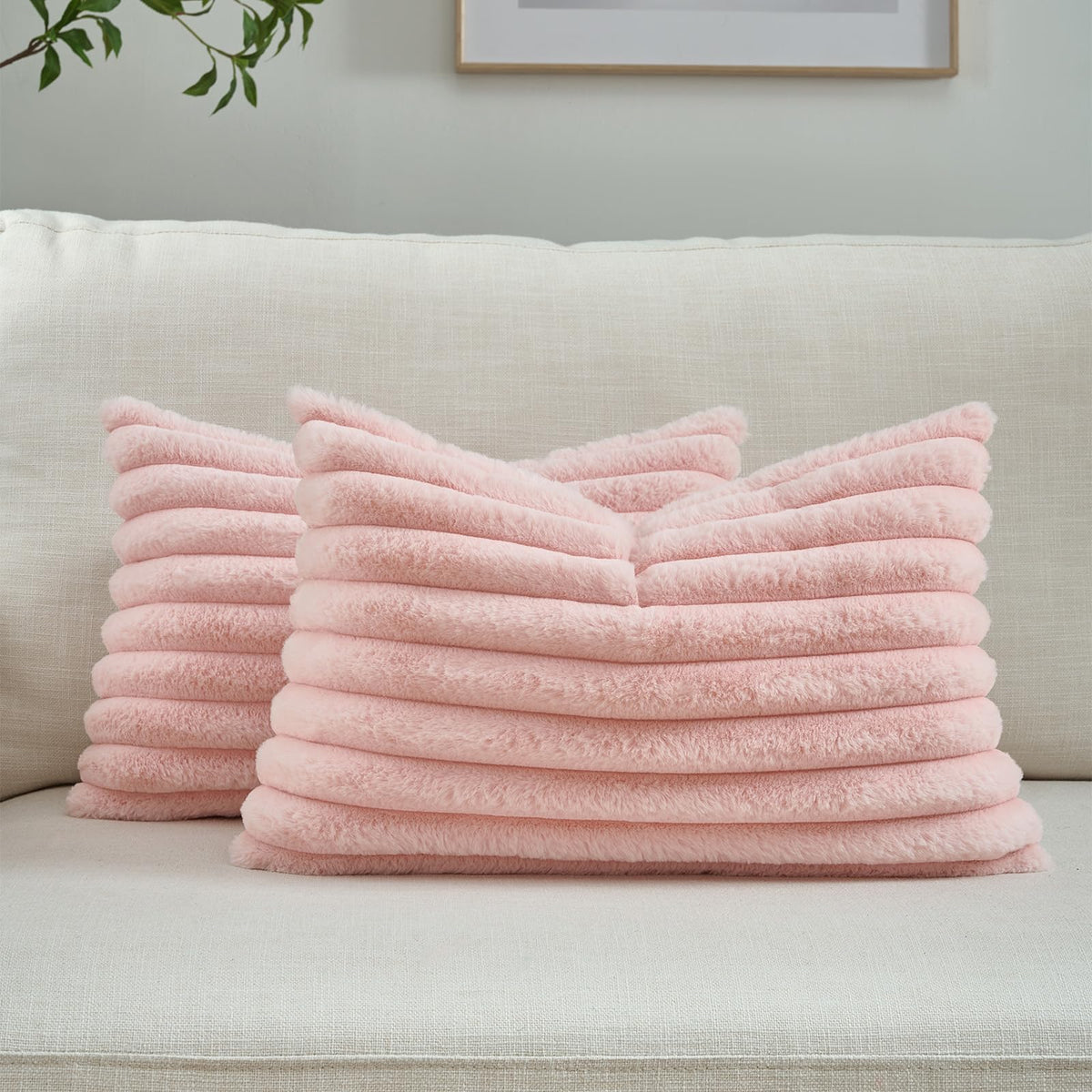 FUTEI Pack of 2 Faux Fur Throw Pillow Covers 18x18 Inch, Cream White | Fluffy Faux Rabbit Fur Front/Premium Velvet Back,Hidden Zipper,Machine Washable,Non-Shedding,Colorfast,Insert Not Included.